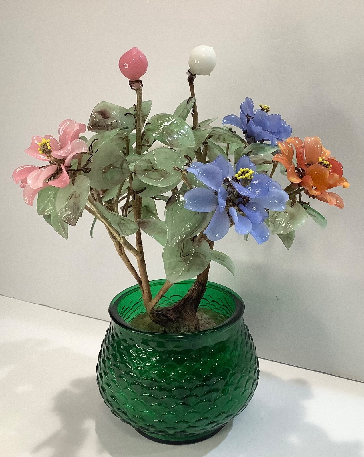 Vintage Chinese Jade Color Glass Flowering Bonsai Tree in E.O. Brody Vase