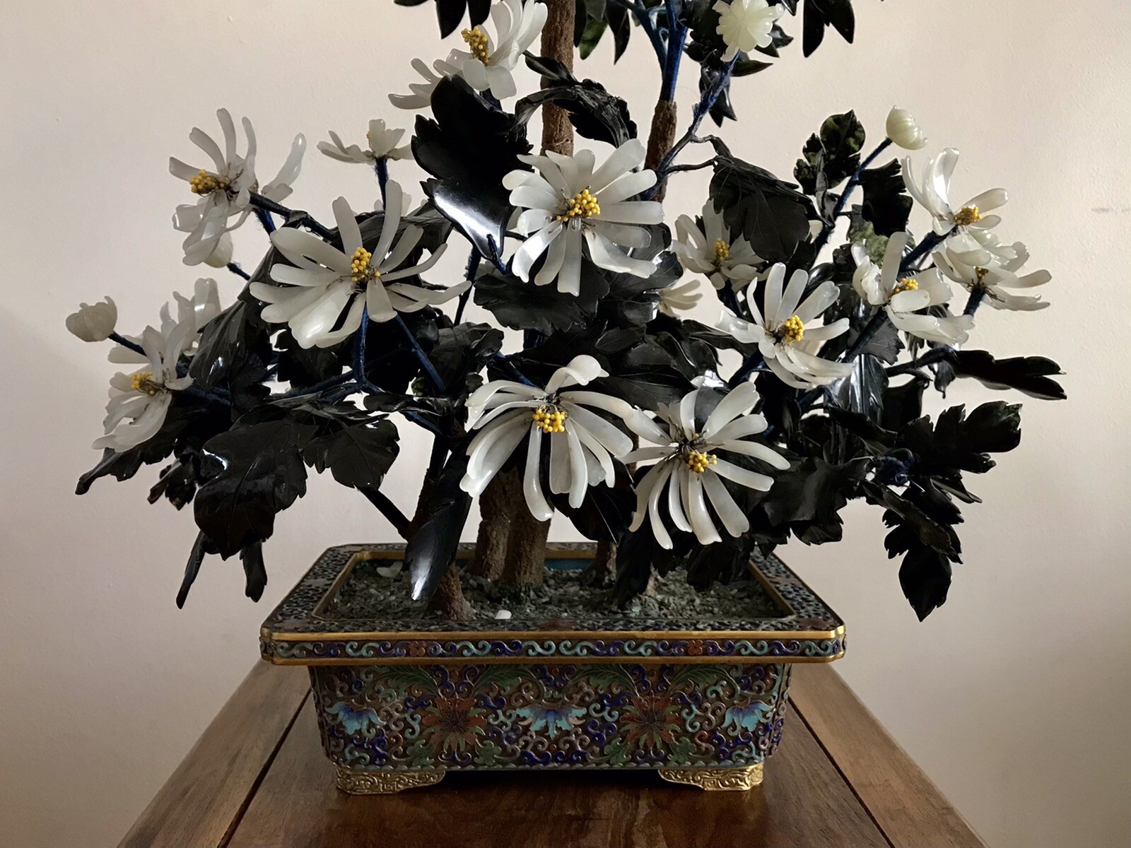27” Tall Large Chinese Jade and Agate Bonsai Tree in Cloisonne Pot