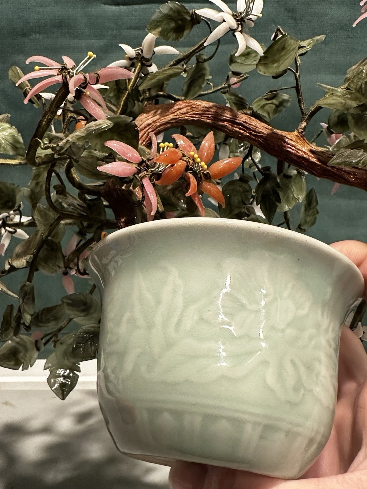 Vintage Chinese Hand Carved Jade Stone Flower Blossom Bonsai Tree Porcelain Pot