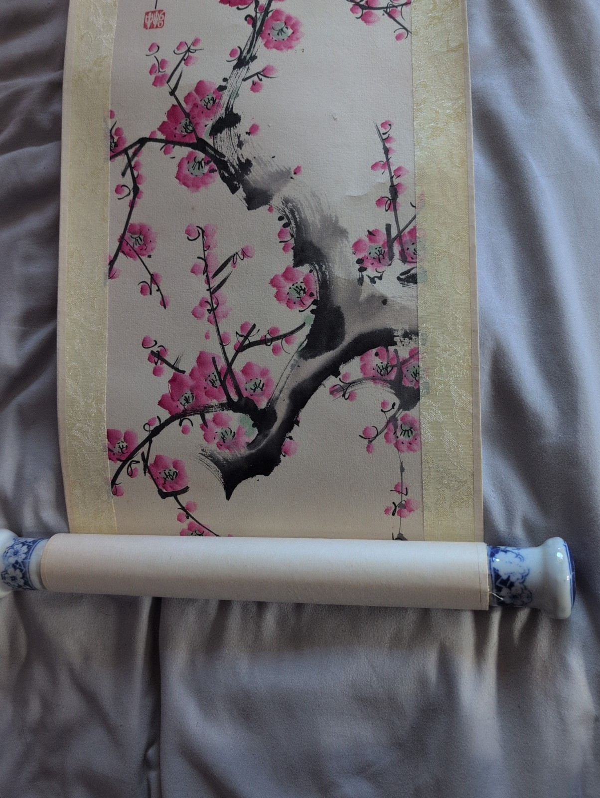 Vtg Original Chinese Plum Blossom Scroll Blue/ Wht Porcelain Knobs 96 cm x 24 cm