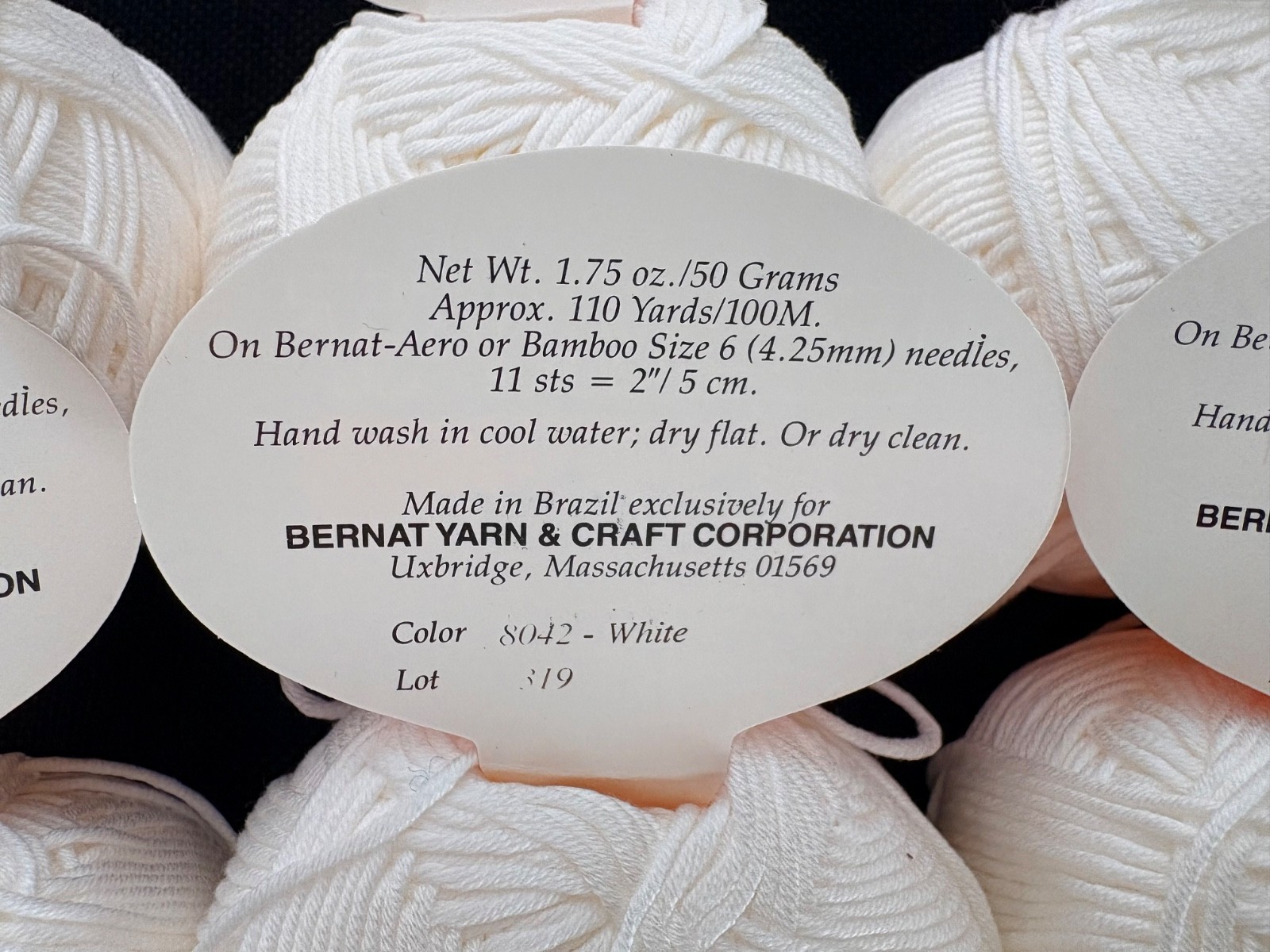 New Lot of 6 Bernat Carina Mercerized Cotton Yarn, #8042 White, 1.76 oz, Brazil