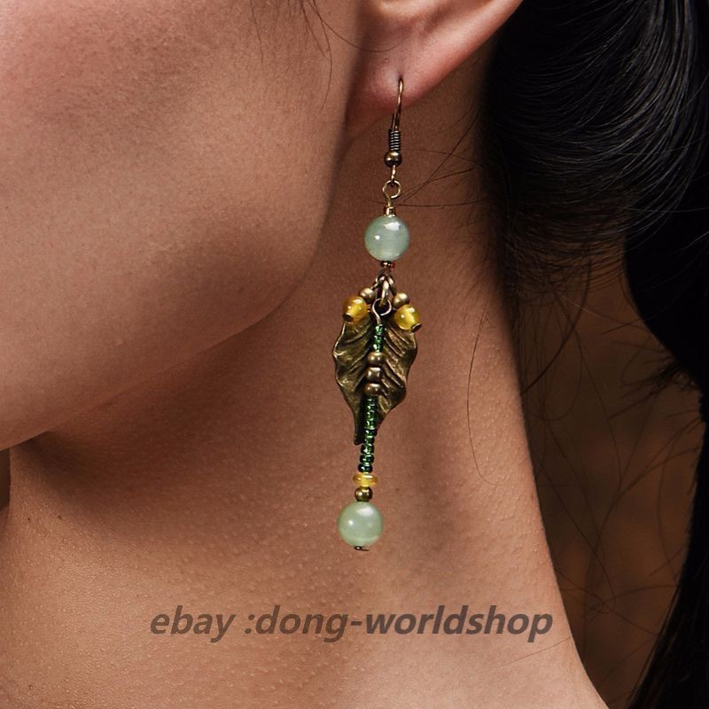 China Dongling Jade/Agate/Alloy Plume Tassels Tibetan Style Earbob Earrings