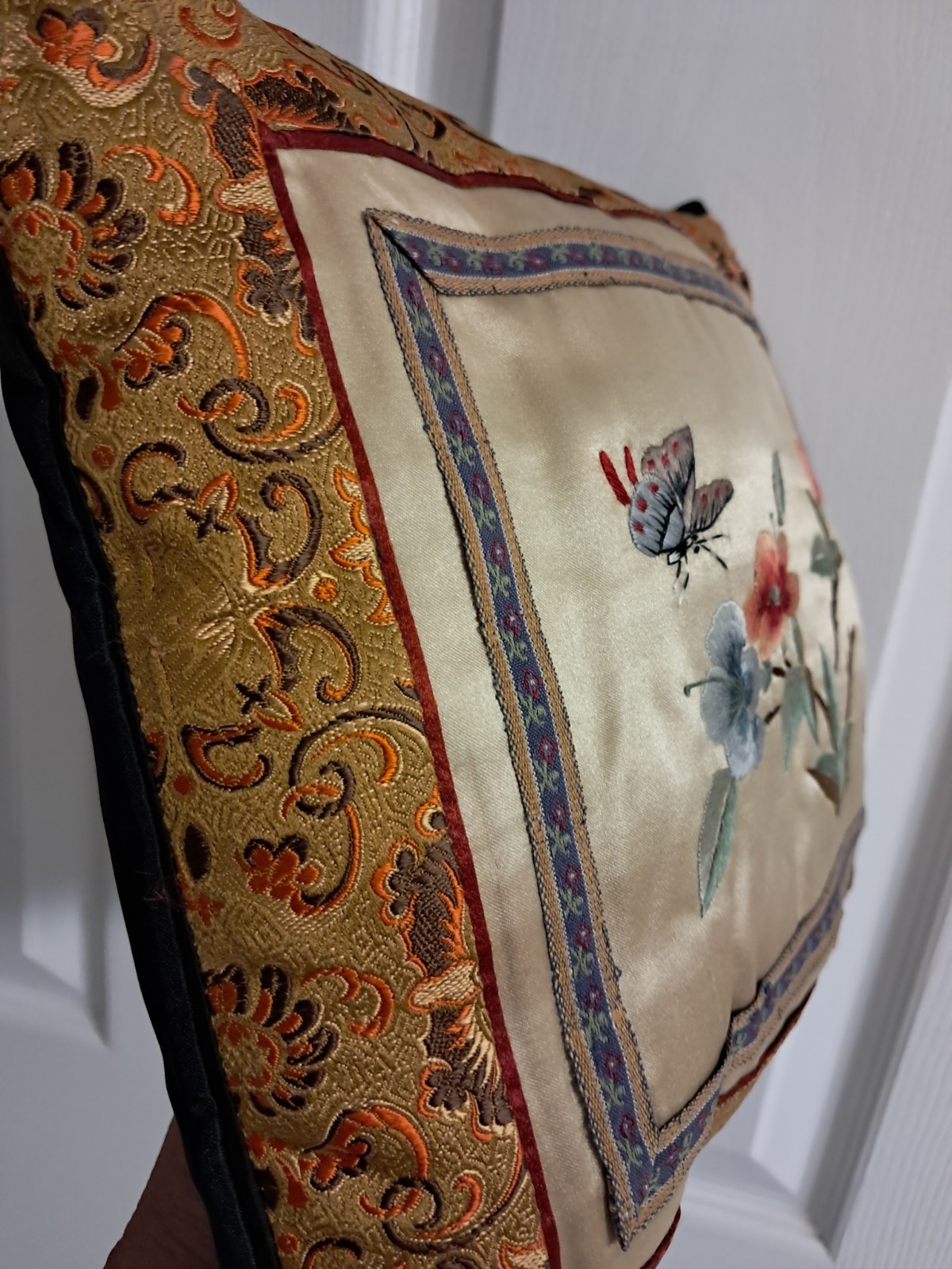 Vintage Chinese Silk Embroidered Decorative Pillow Floral Butterfly 10 X 9 In