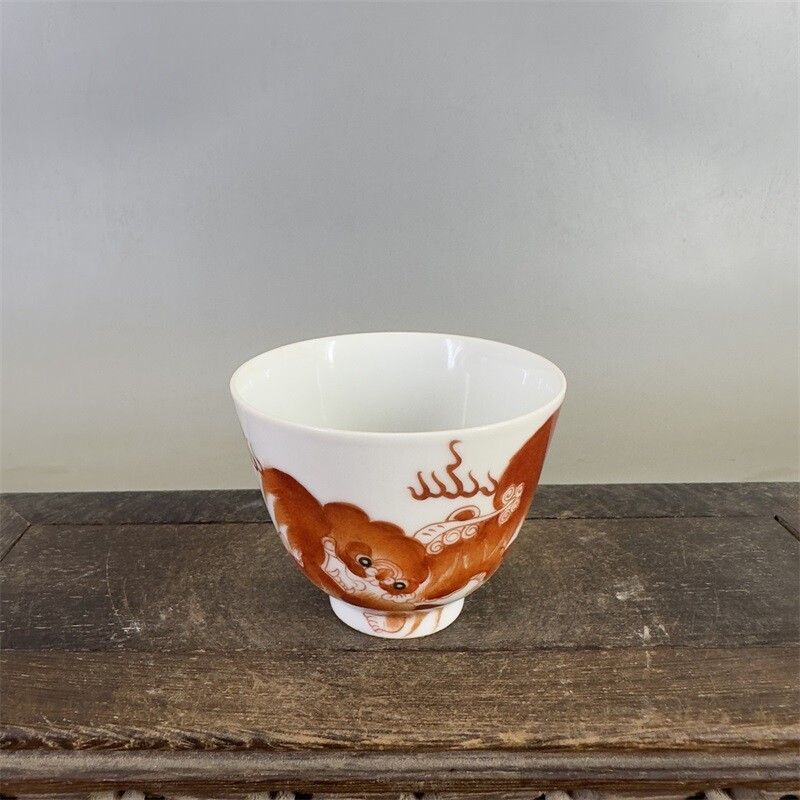 3″ Chinese Qing Porcelain Alum Red Animal Foo Fu Dog Lion Cup