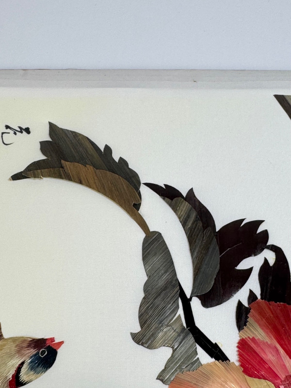 Vintage Chinese Wheat Straw Birds and Flowers Hand Crafted Art Panel 11×14 Inch