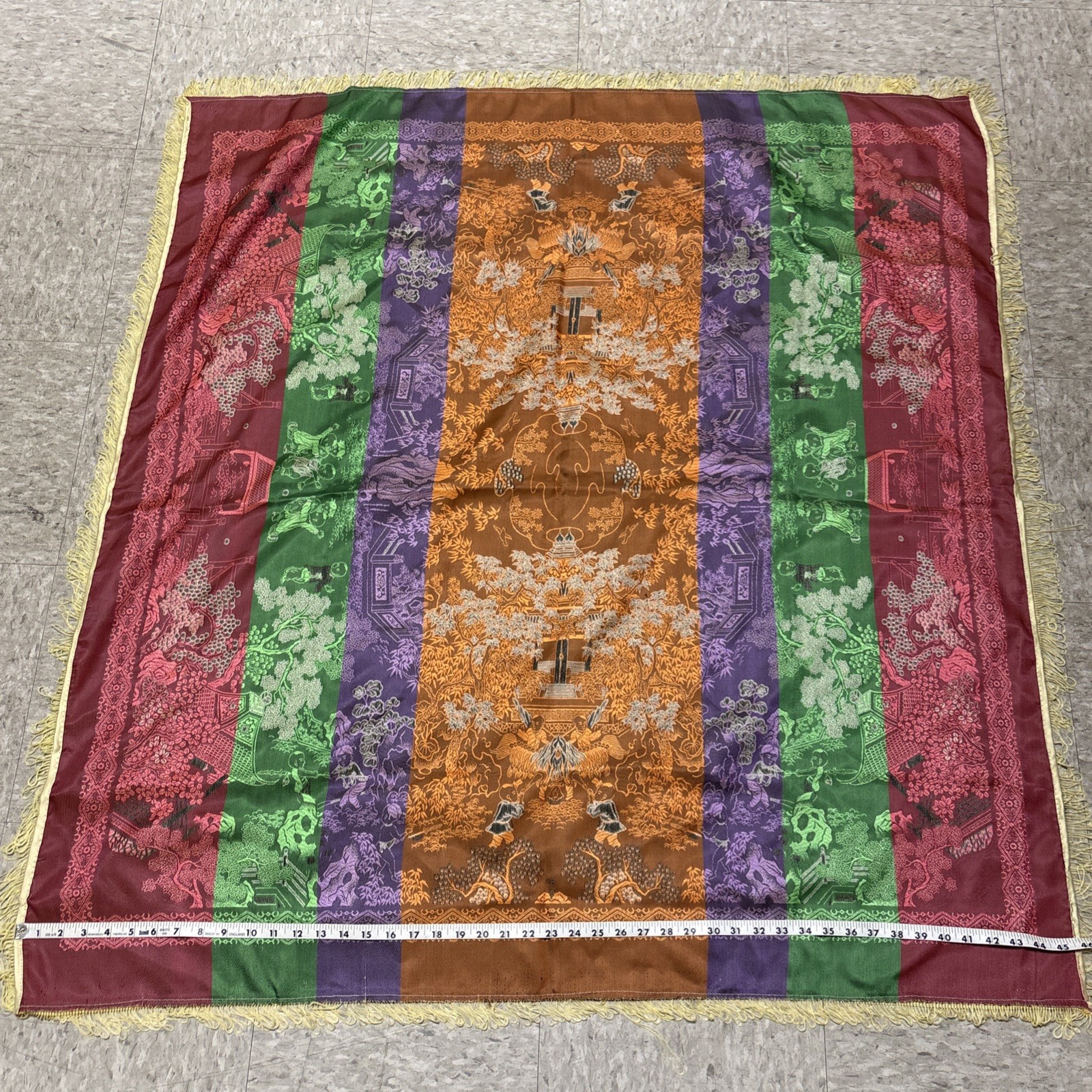 Vtg Brocaded Flowers Chinese Silk Scenic Square Tapestry Table Cloth 46″ X 48″