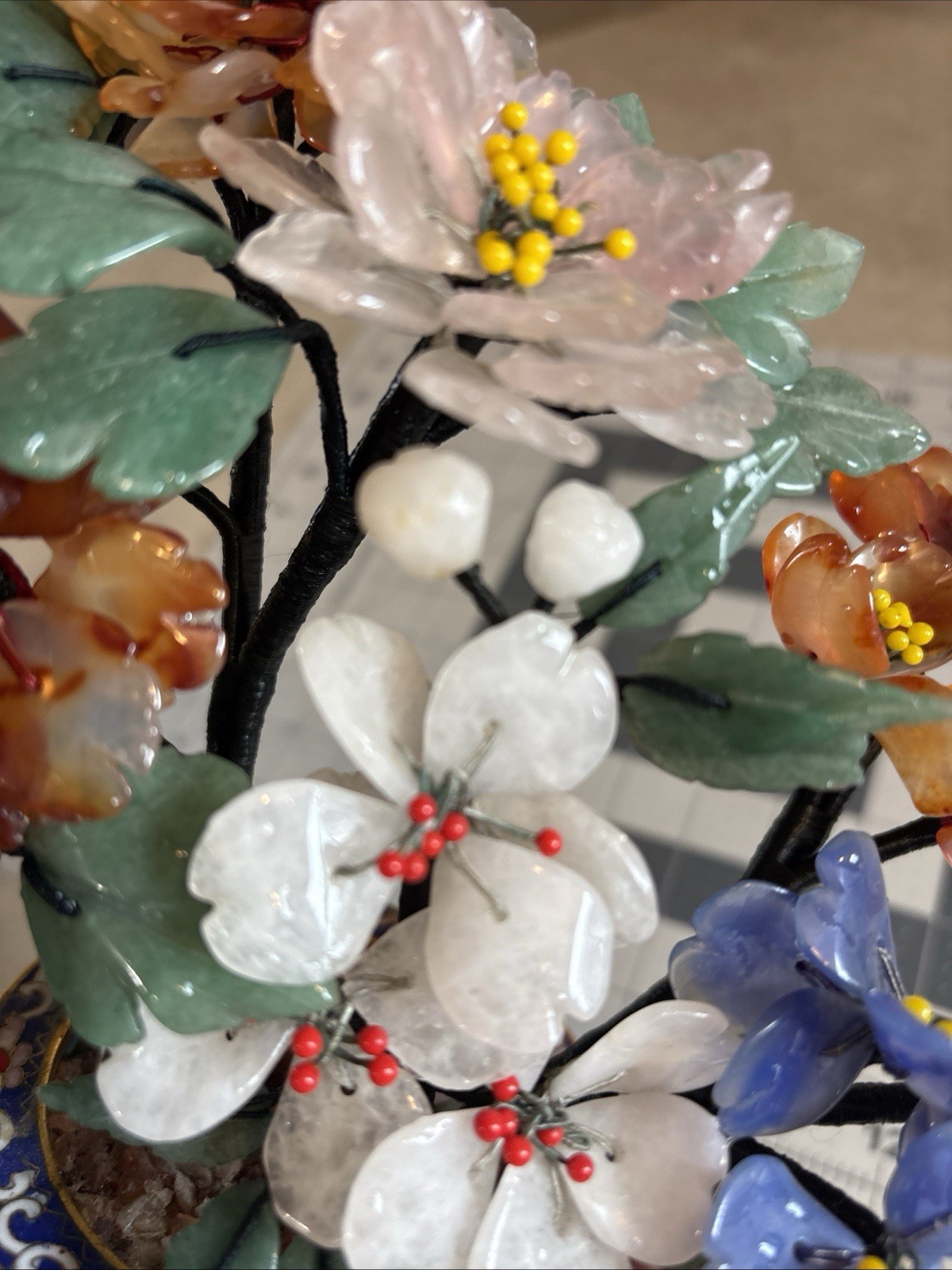 Chinese Jade , Quartz,Bonsai Tree in Round Footed Cloisonne Flower Pot – 9″ Tall