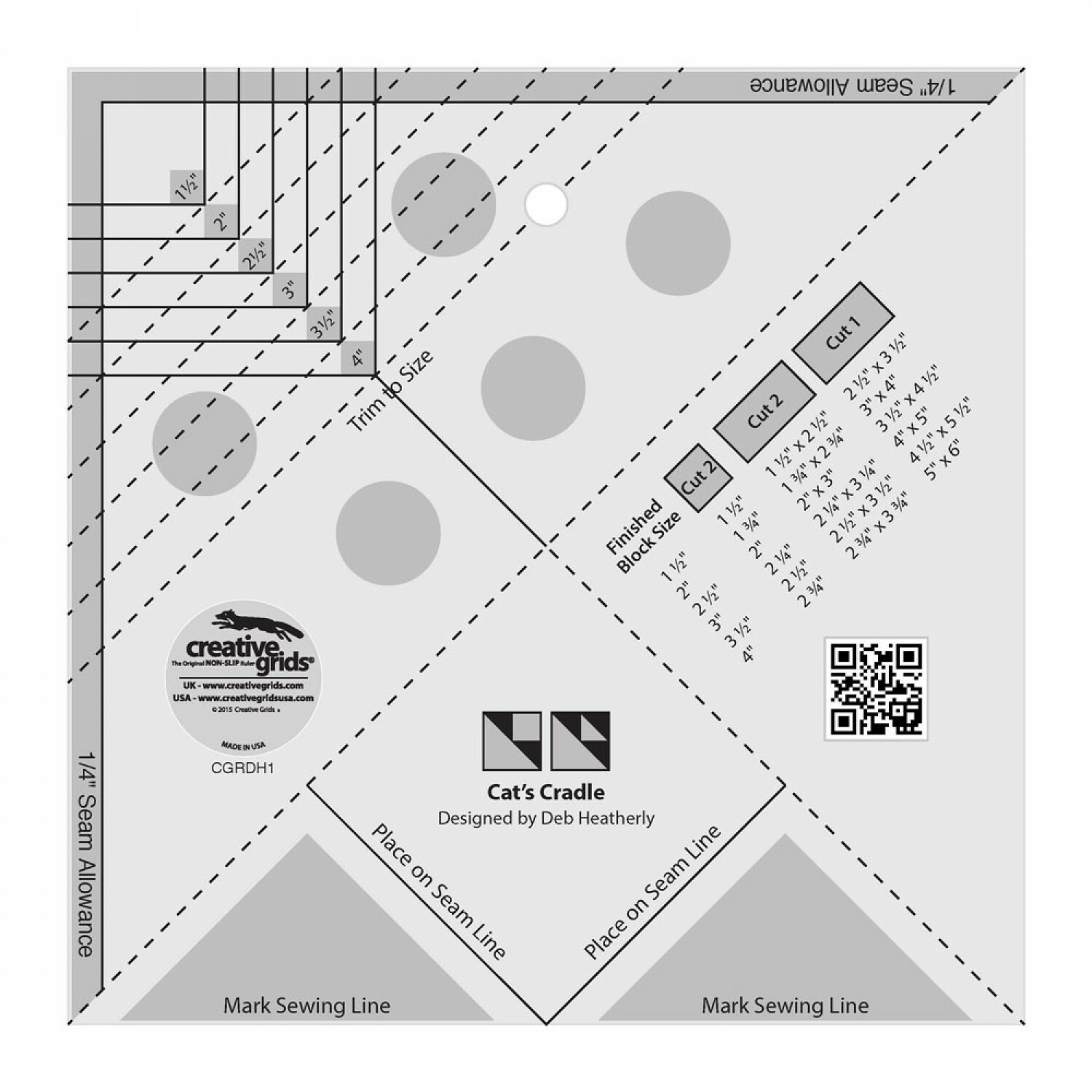 Creative Grids Cat’s Cradle Tool Quilt Ruler Non Slip Deb Heatherty + Pattern