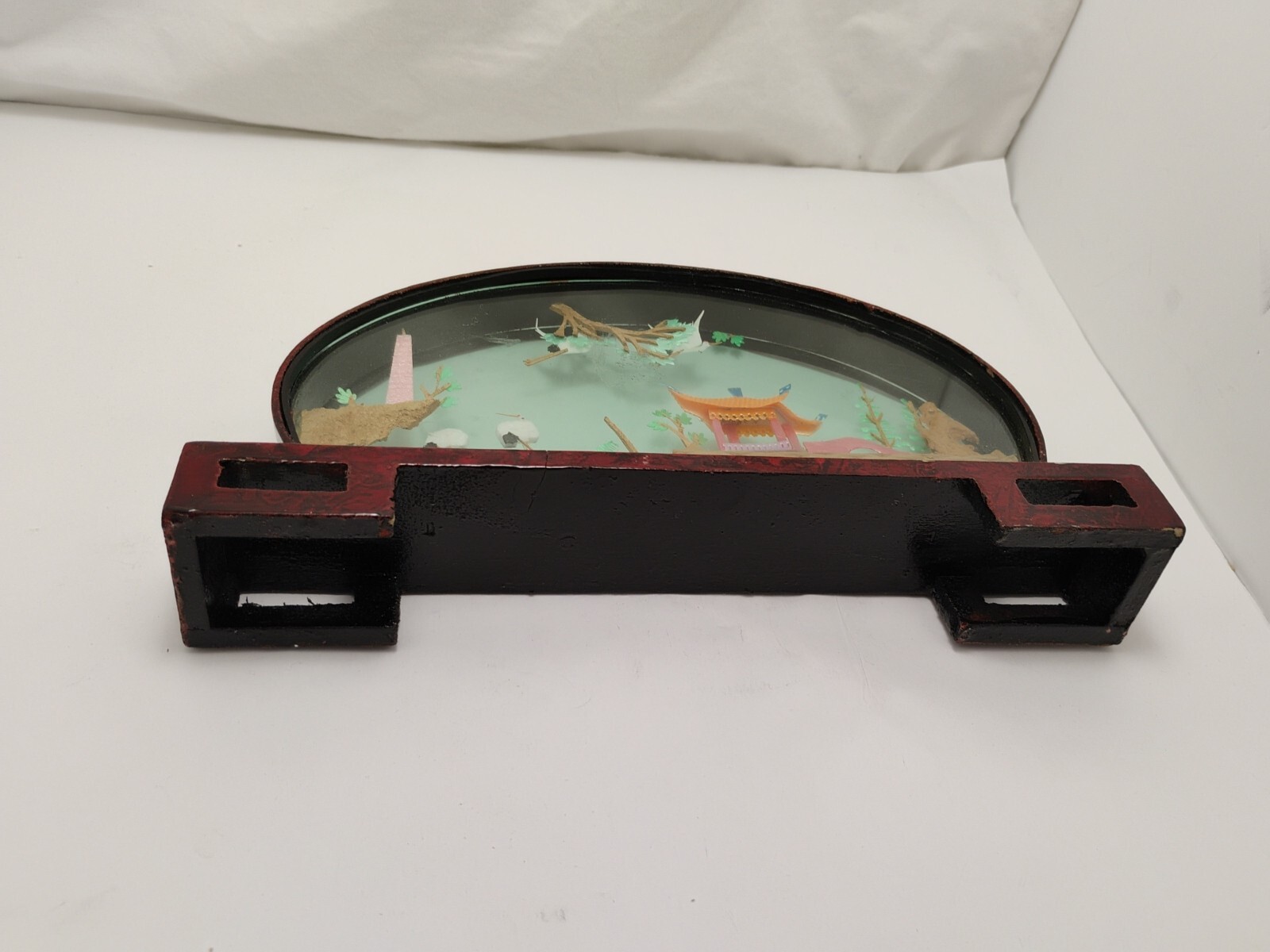 Vintage Chinese Cork Art HAND MADE Oval Lacquered Wood Glass 14×2″ Beautiful