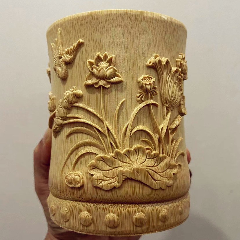 Bamboo Carved Lotus Pen Holder 4.72in Chinese Desk Decor