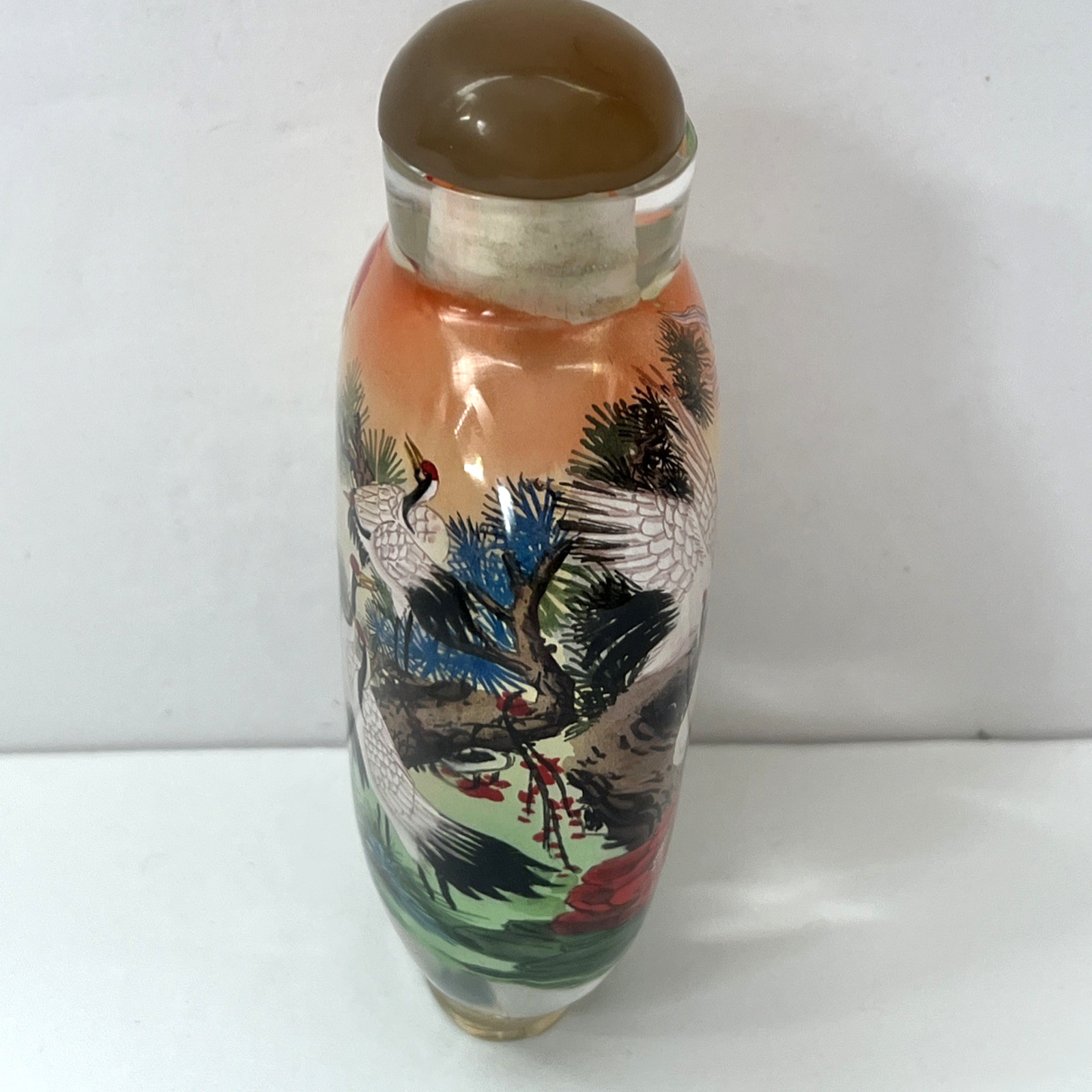 Vintage Chinese Reverse Painted Glass Snuff Bottle Crane Peony Pine Tree