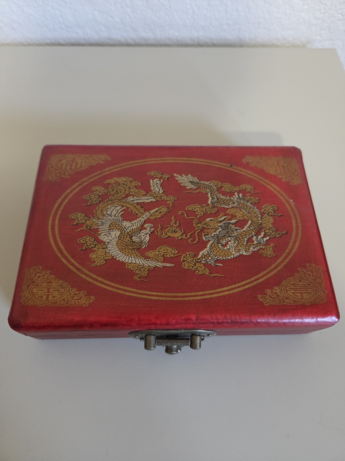 Vintage Chinese Abacus 2:5 Beads w/ Red Phoenix Dragon Brass Wood Box + Booklet