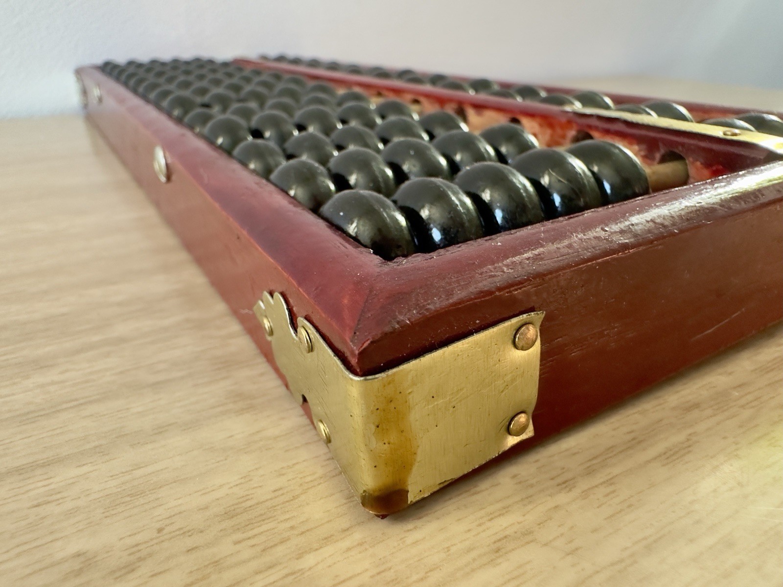 Vintage Wooden Abacus Black Beads Brass Hardware Mid Century MCM Decor 11.5in