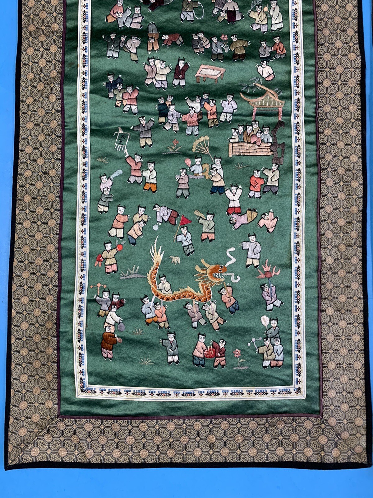 2 Vintage Chinese Hand Embroidered Silk Tapestry Wall Hanging Panels Children