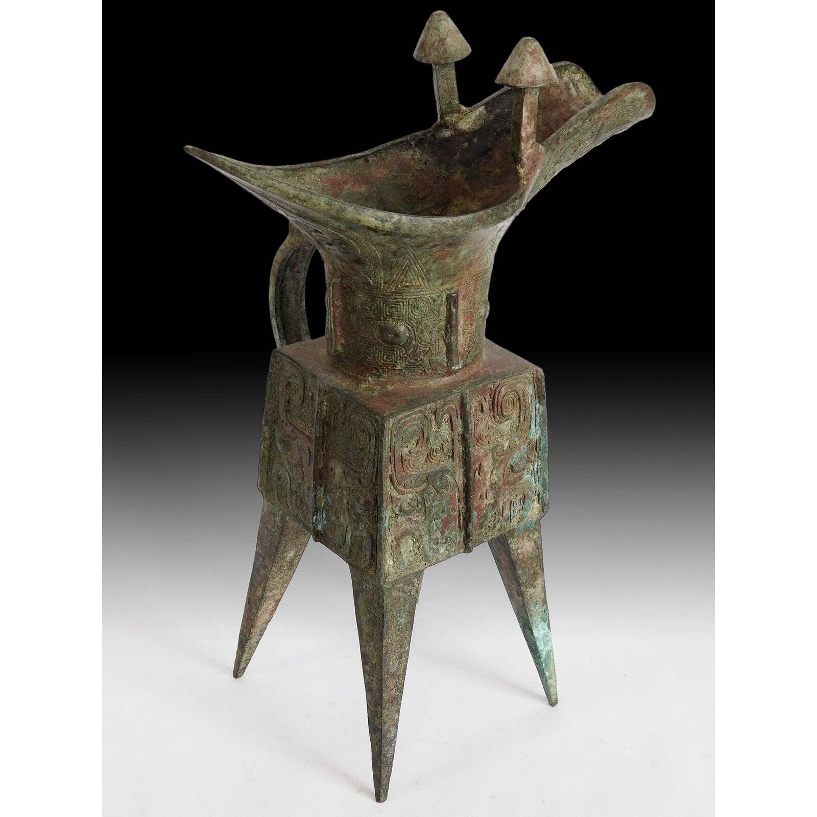Vintage Chinese Shang Dynasty Style Museum Libation Bronze Jue Vessel 12”H 饕餮銅方爵