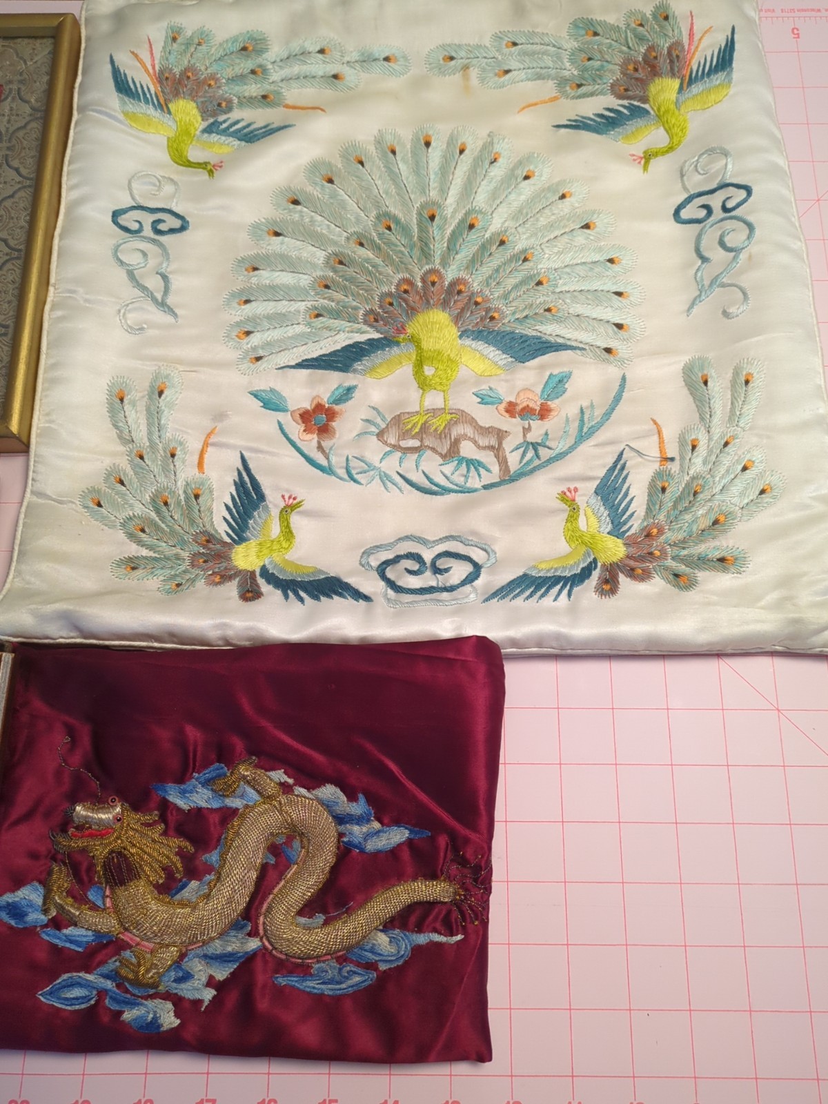 Antique Tray, Silk & Gold Thread Dragon, Framed Silk Panel