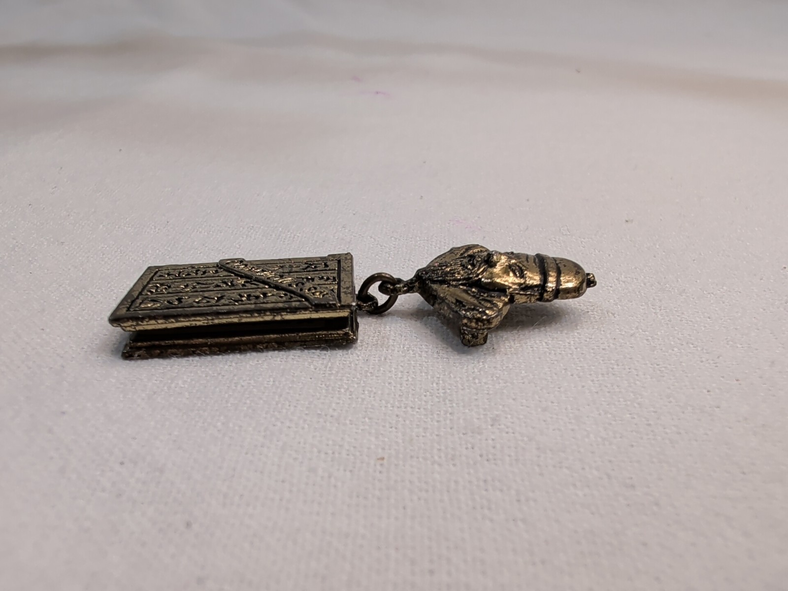 Vintage Confucius Book Charm Hanging Locket Brooch Pin Antiqued Brass-Tone Metal