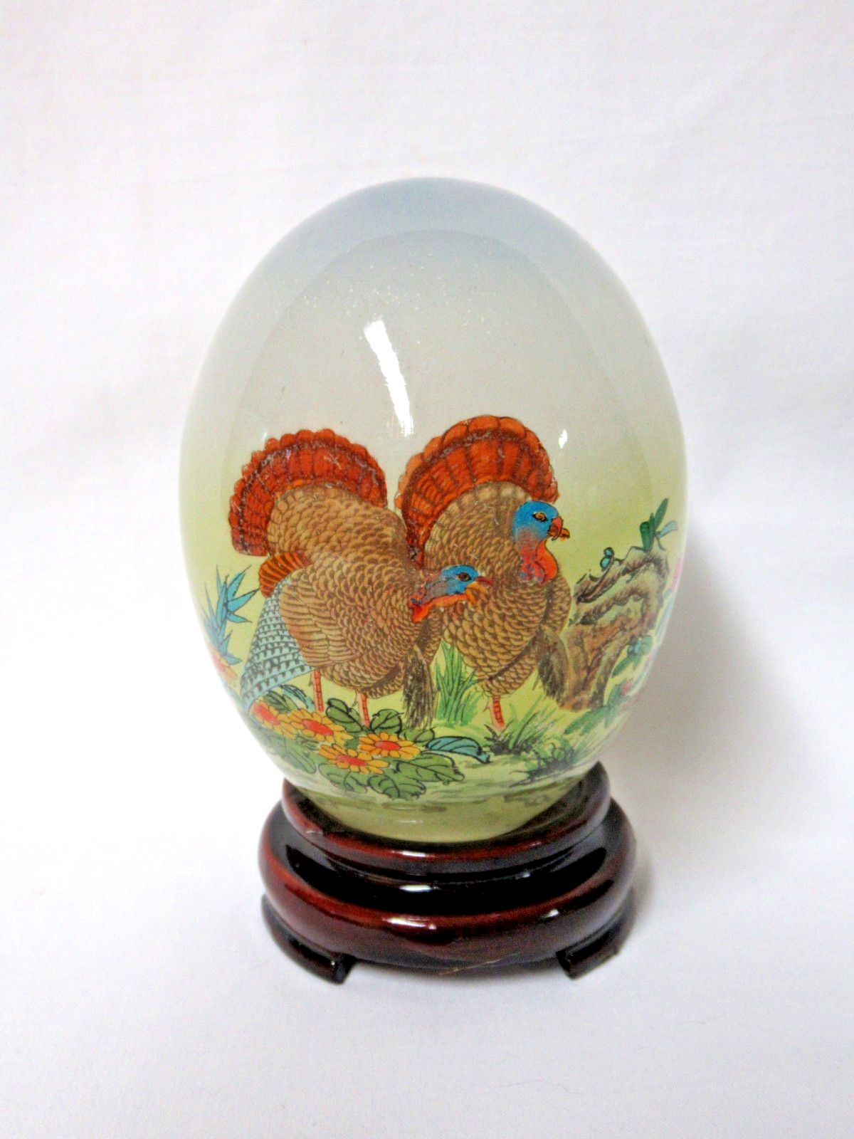 VINTAGE ORIENTAL ASIAN REVERSE HAND PAINTED GLASS EGG & STAND IN ORIGINAL BOX