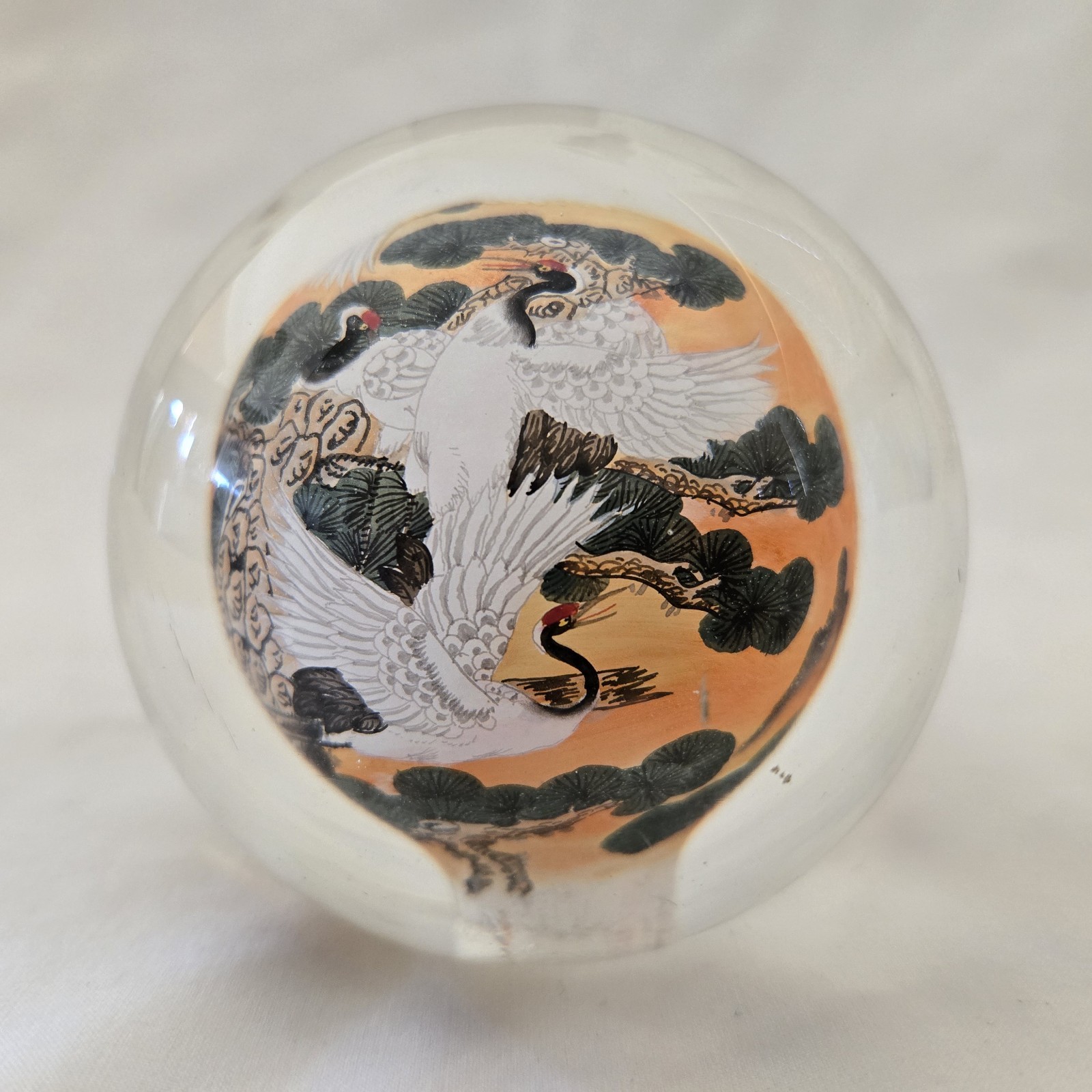 Cranes Art Glass Reverse Handpainted Sphere Ball 3″ Diameter Unbranded Vintage