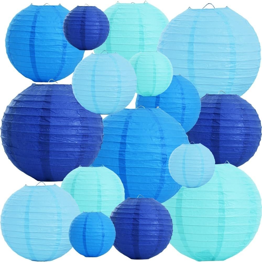 16 Pcs Blue White Round Paper Lanterns Decorative Hanging Asia Chinese Japane…
