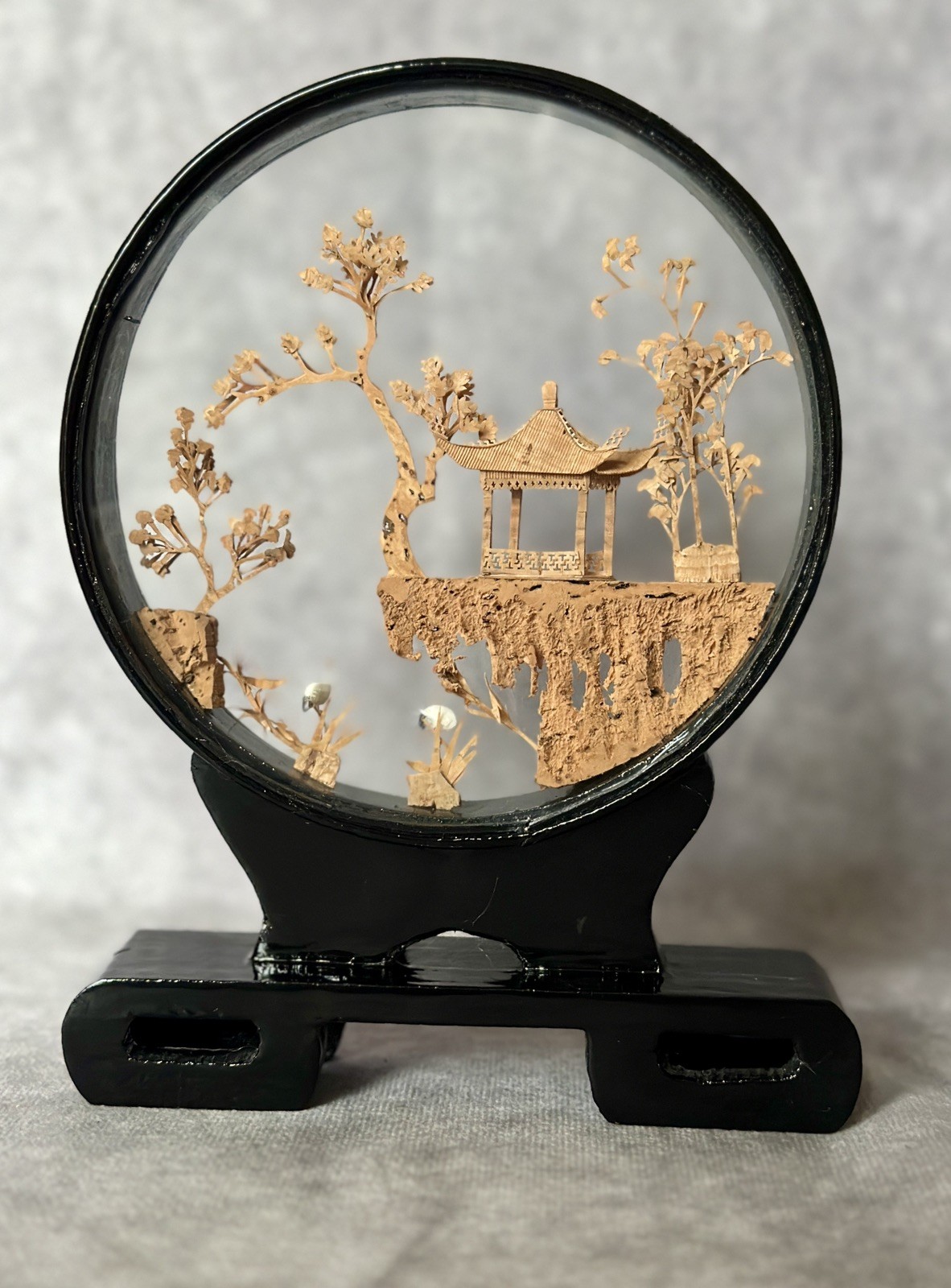 Vintage Chinese Diorama Cork Carving Glass Case Pagoda/Trees/Cranes 8”