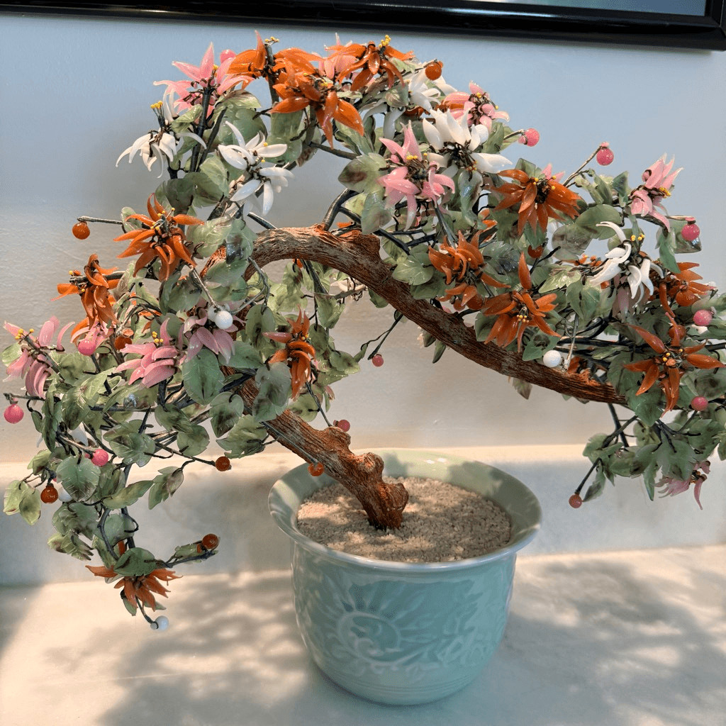 Antique Multicolored Jade Quartz Stone Chinese Glass Bonsai Tree in Celadon Pot