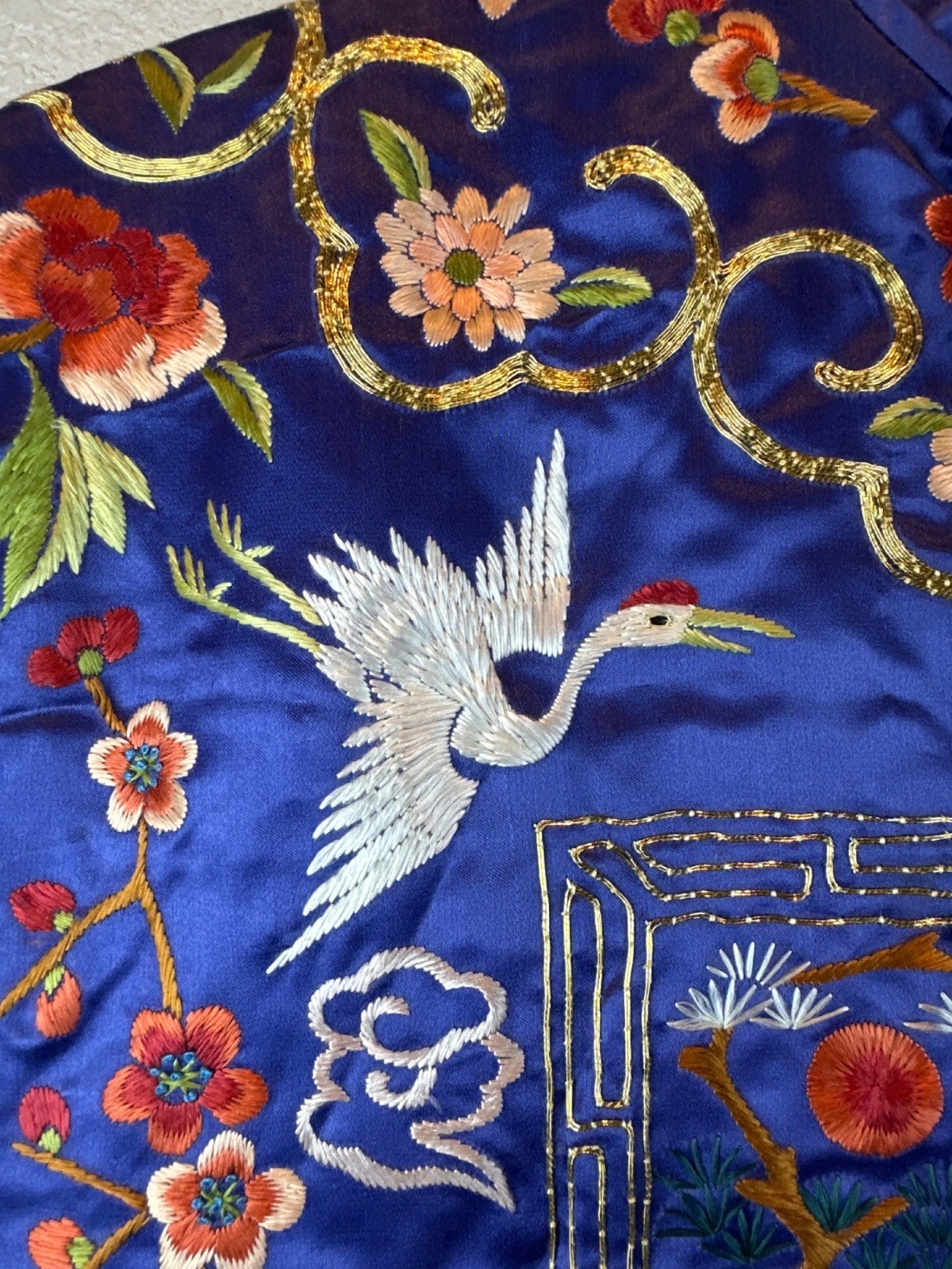 Vintage Dunhuang Fully Embroidered Chinese Dragon Crane Vest Blue M/L Oriental