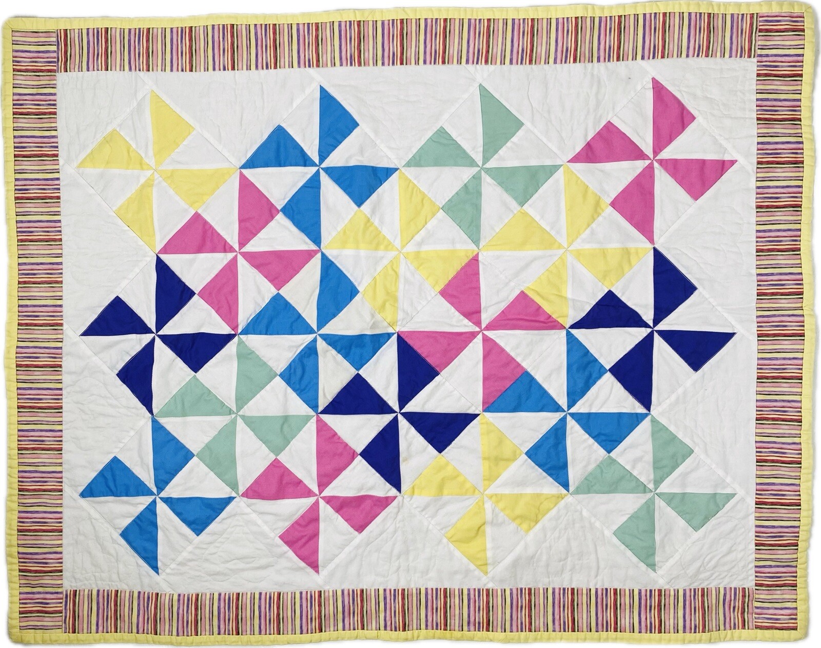 Handmade Pinwheel Geometric Quilt Yellow Striped Reversible 31×40 Unisex Baby