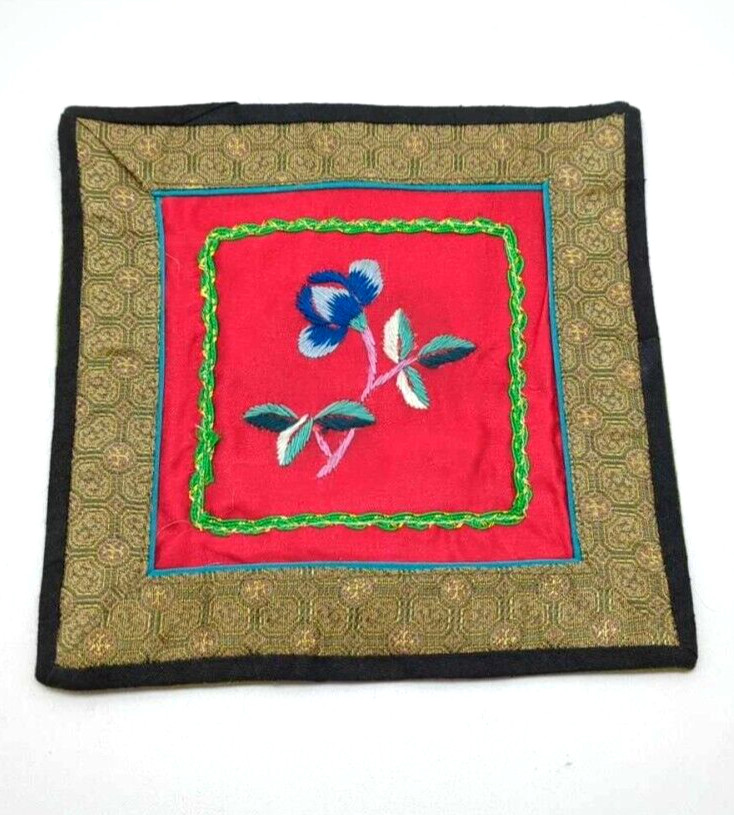 Vintage Chinese Silk Hand Embroidered Flower 5.5″ Unframed Panels Set of 4