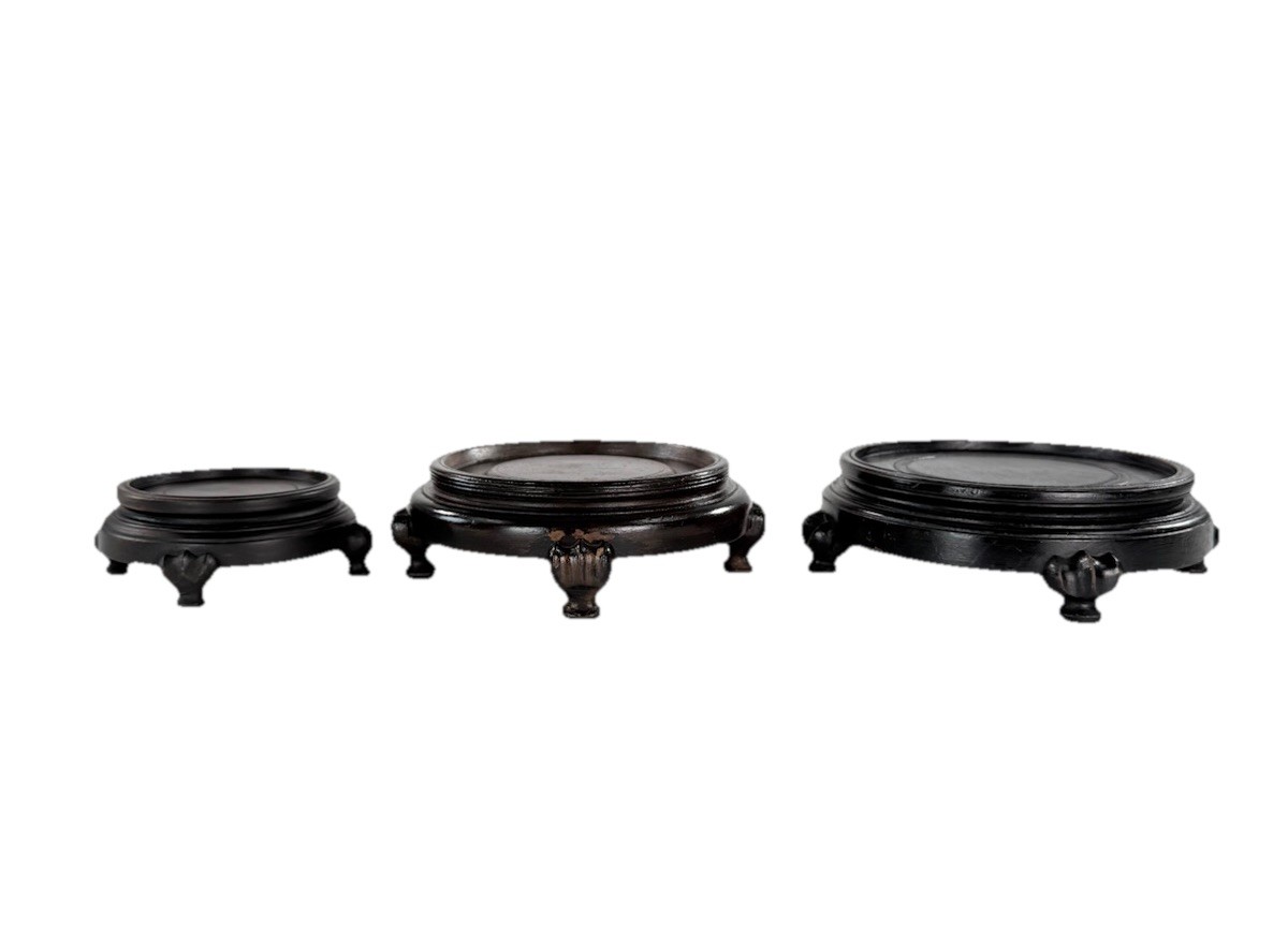 Lot of 3 Vintage Asian Round Carved Wood Pedestal Stand Vase Display Bases