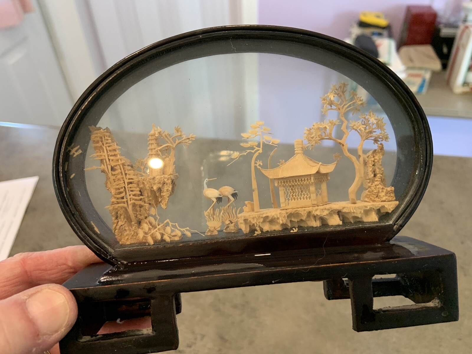 VINTAGE CHINESE SAN YOU DIORAMA CORK CARVING GLASS CASE PAGODA TREES & CRANES.
