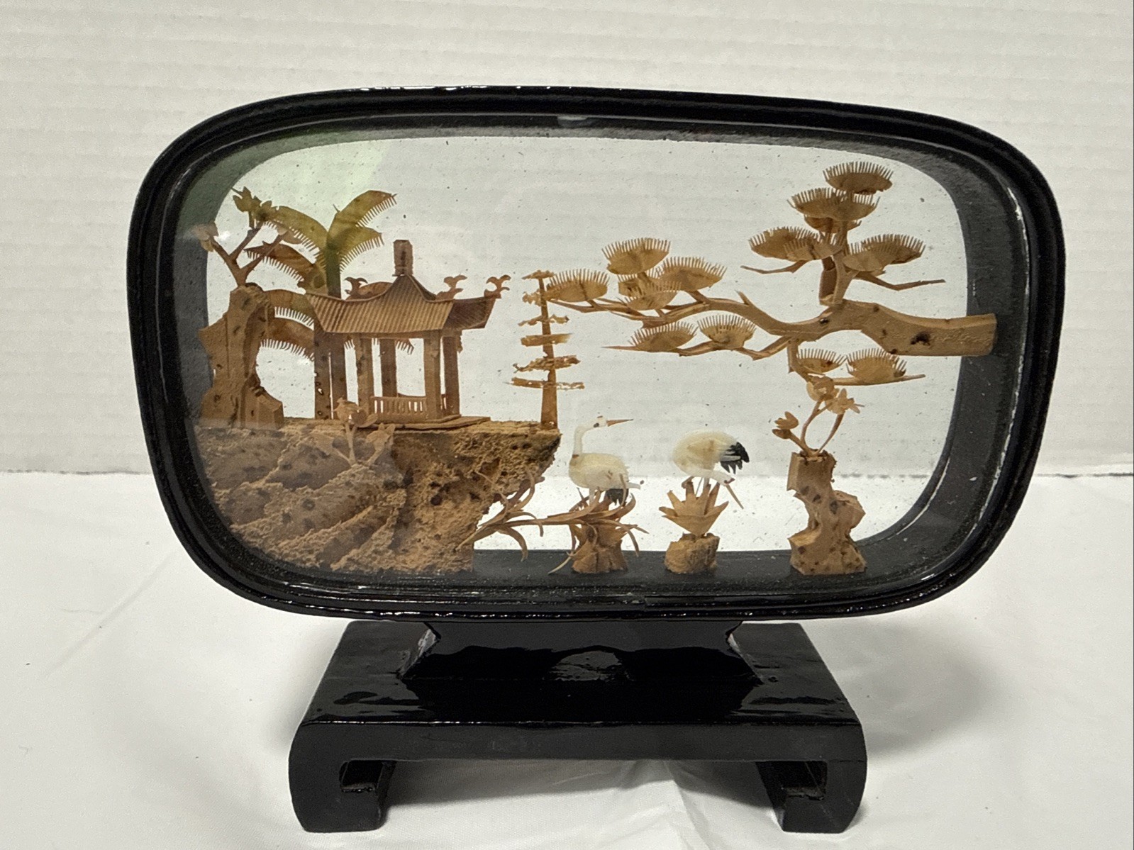 Vtg San Diorama Cork Hand Carved Pagoda Trees & Cranes. 4.5×3.5