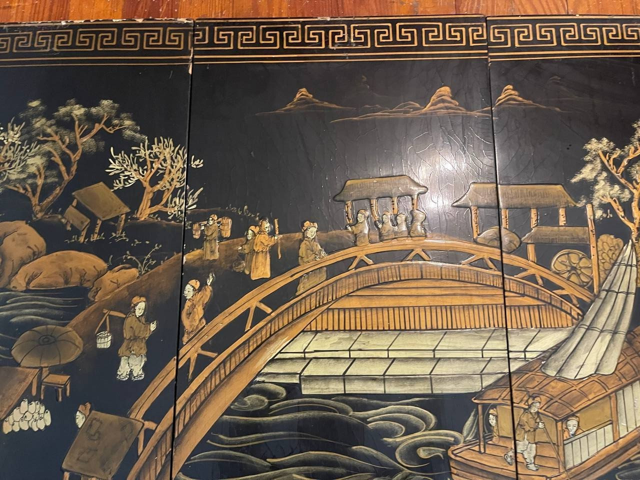 Vintage Chinese Hand Painted Lacquer Wall Panels Set of 4 Landscape Art – 4