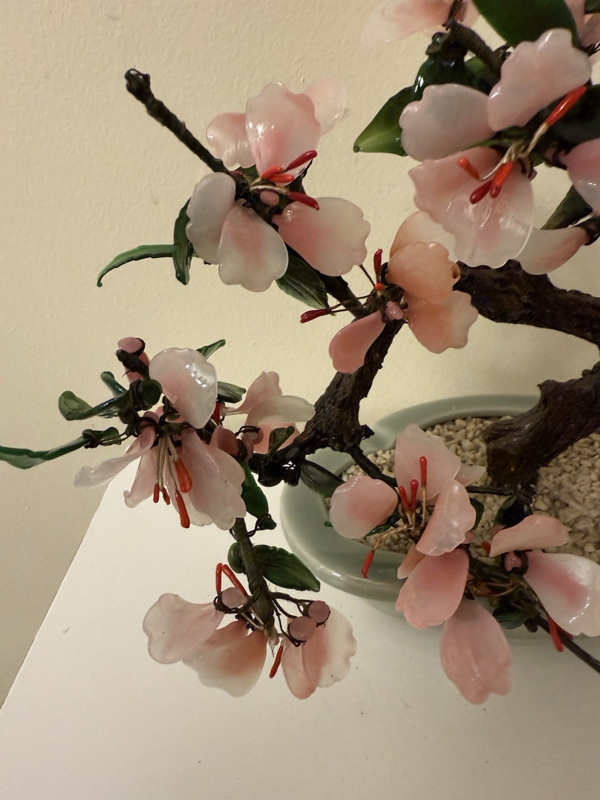Vtg Asian Jade Glass Flowering Pink Cherry Blossom Bonsai Tree Ceramic Pot 8×9”