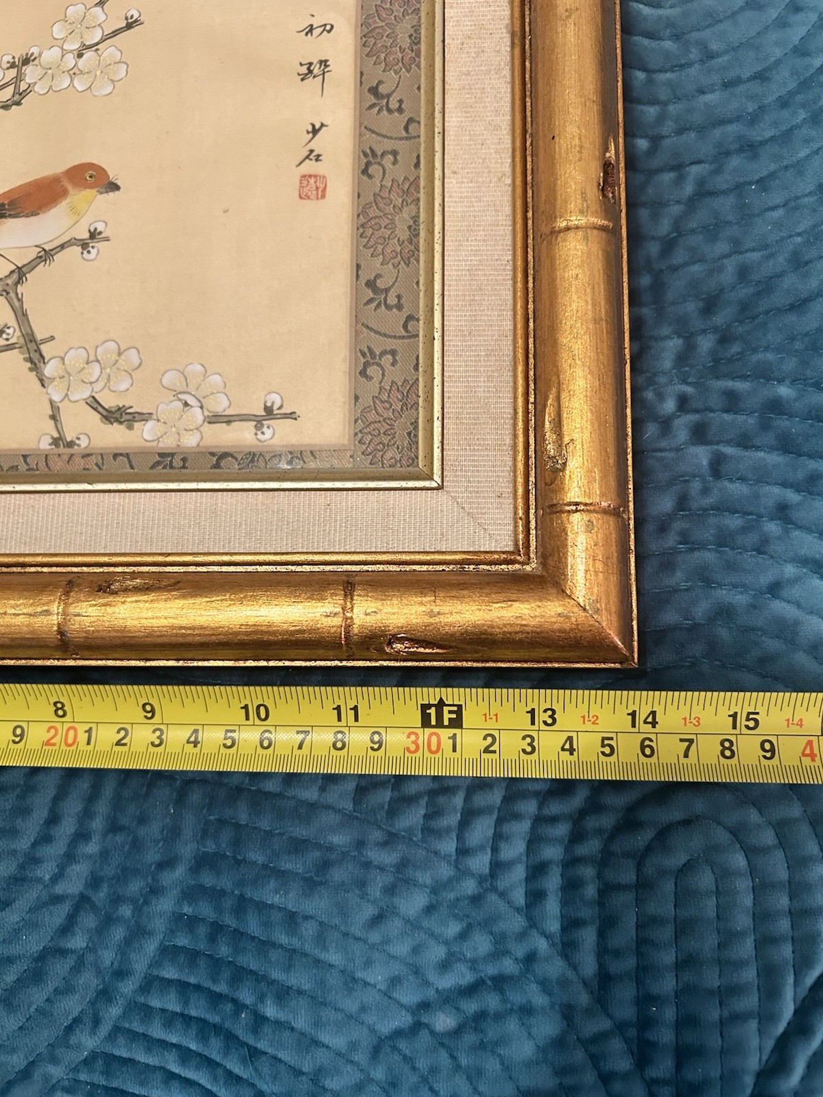 Vintage Chinese Silk Handpainted Bird Art In Gold Bamboo Frames 14×12” – 2