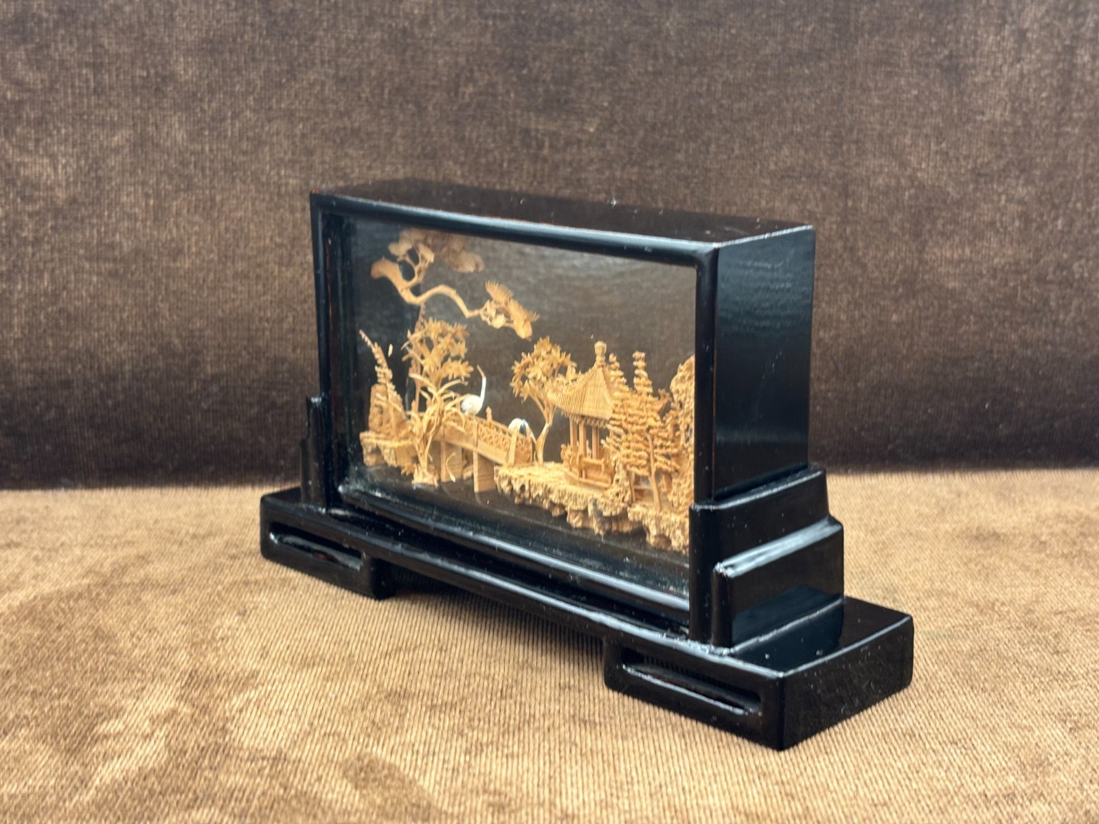 Chinese Carved Cork Sculpture Diorama 2 White Cranes Herons Black Enamel Frame