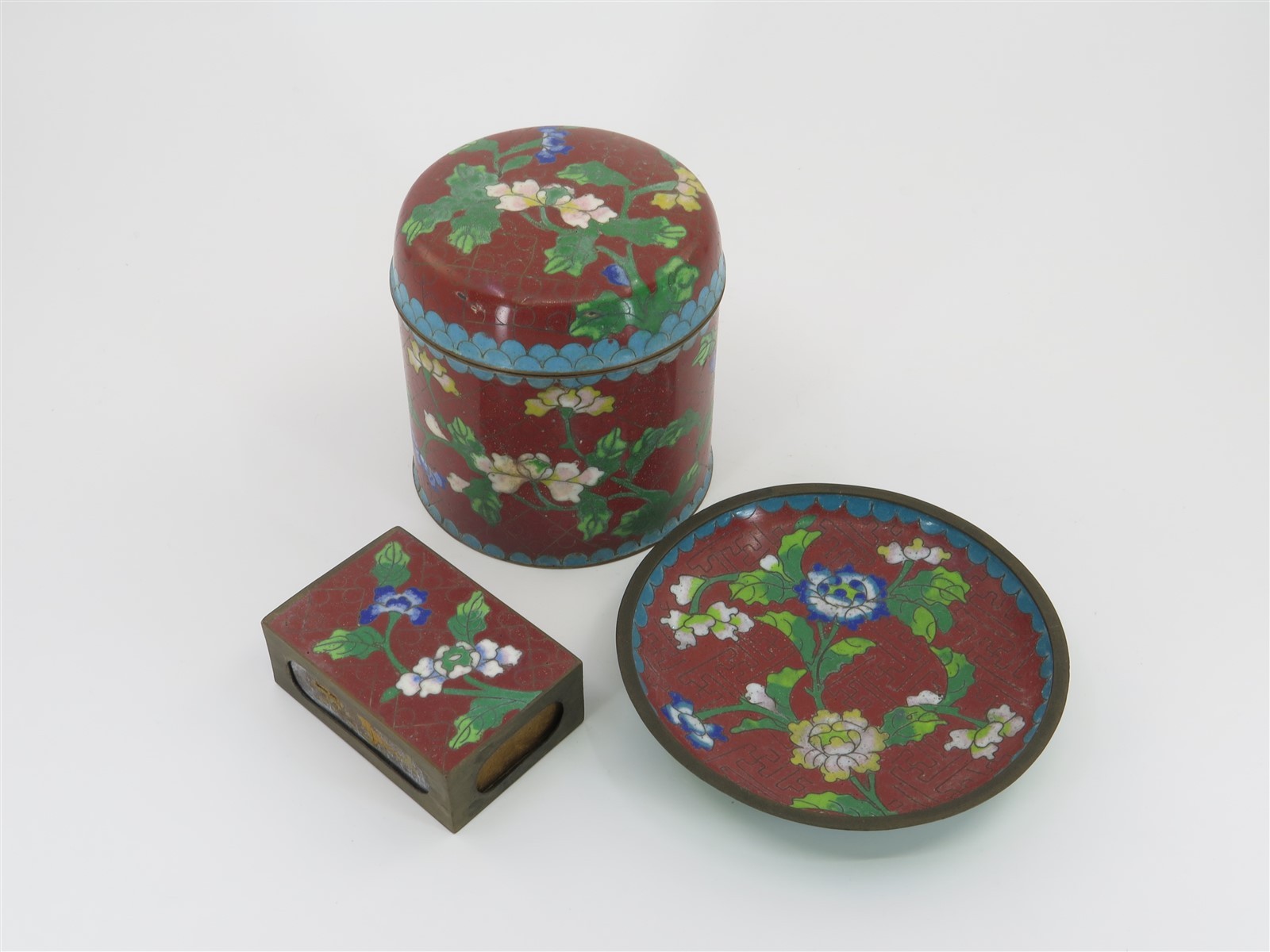 3 Vintage Chinese Lidded Cigarette, Matches & Ashtray Cloisonné Set Red Enamel