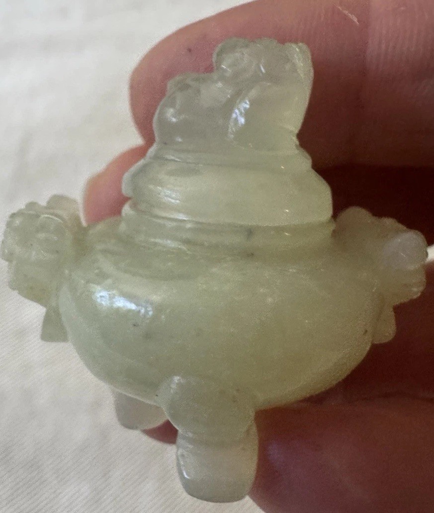 2 Vintage Rare Chinese Carved Jade – Miniature Foo Dog Incense Burners