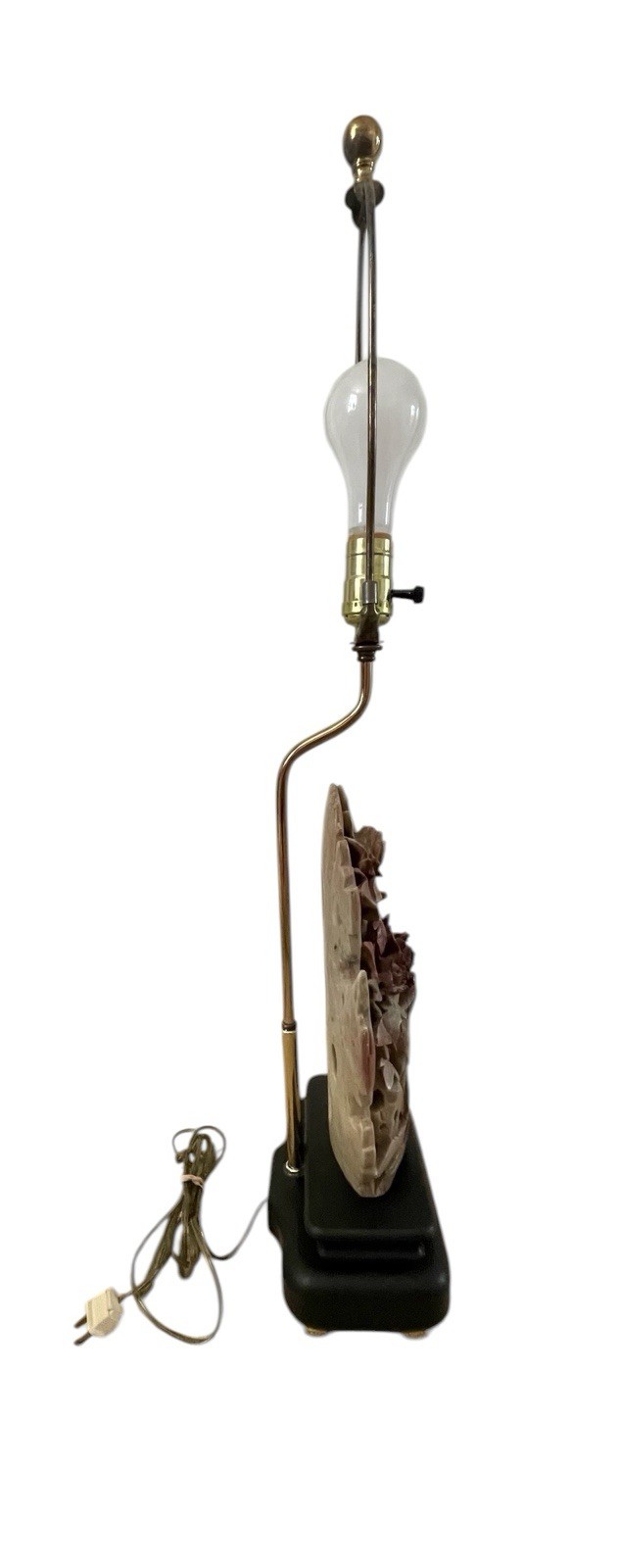 VTG 1940s Chinese Soapstone Floral Table Lamp Wood Base Chinoiserie 31”