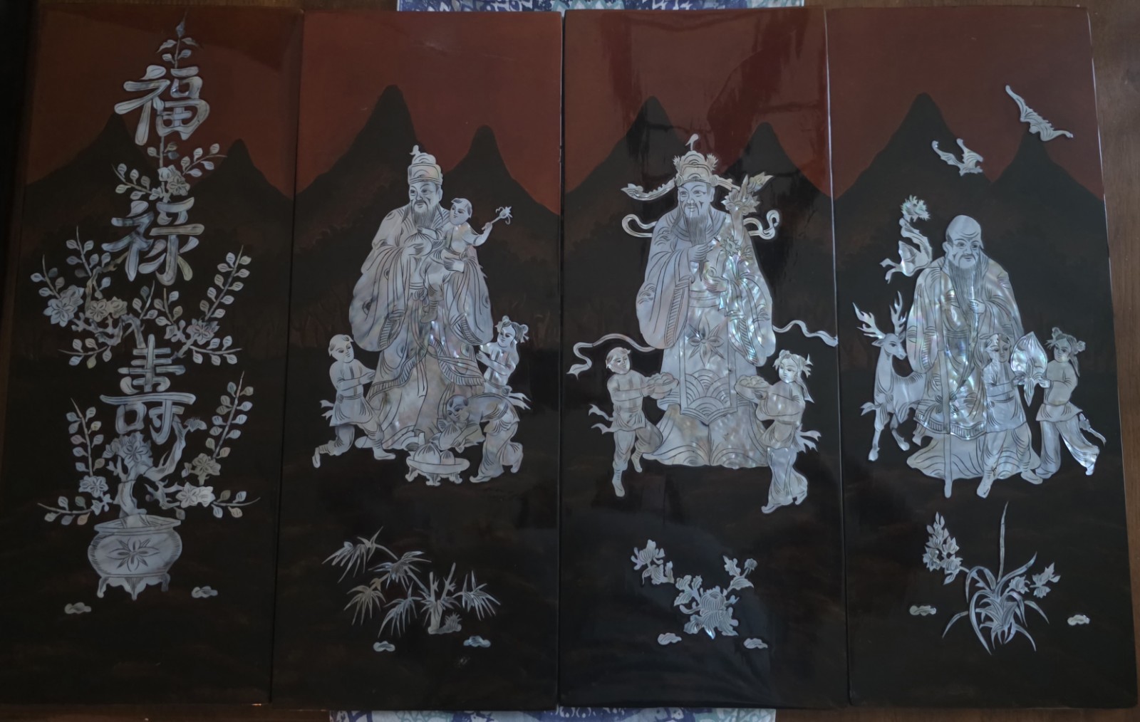 Chinese 4-Panel Black/Brown Lacquer Screen, Mother-of-Pearl Inlay Figures