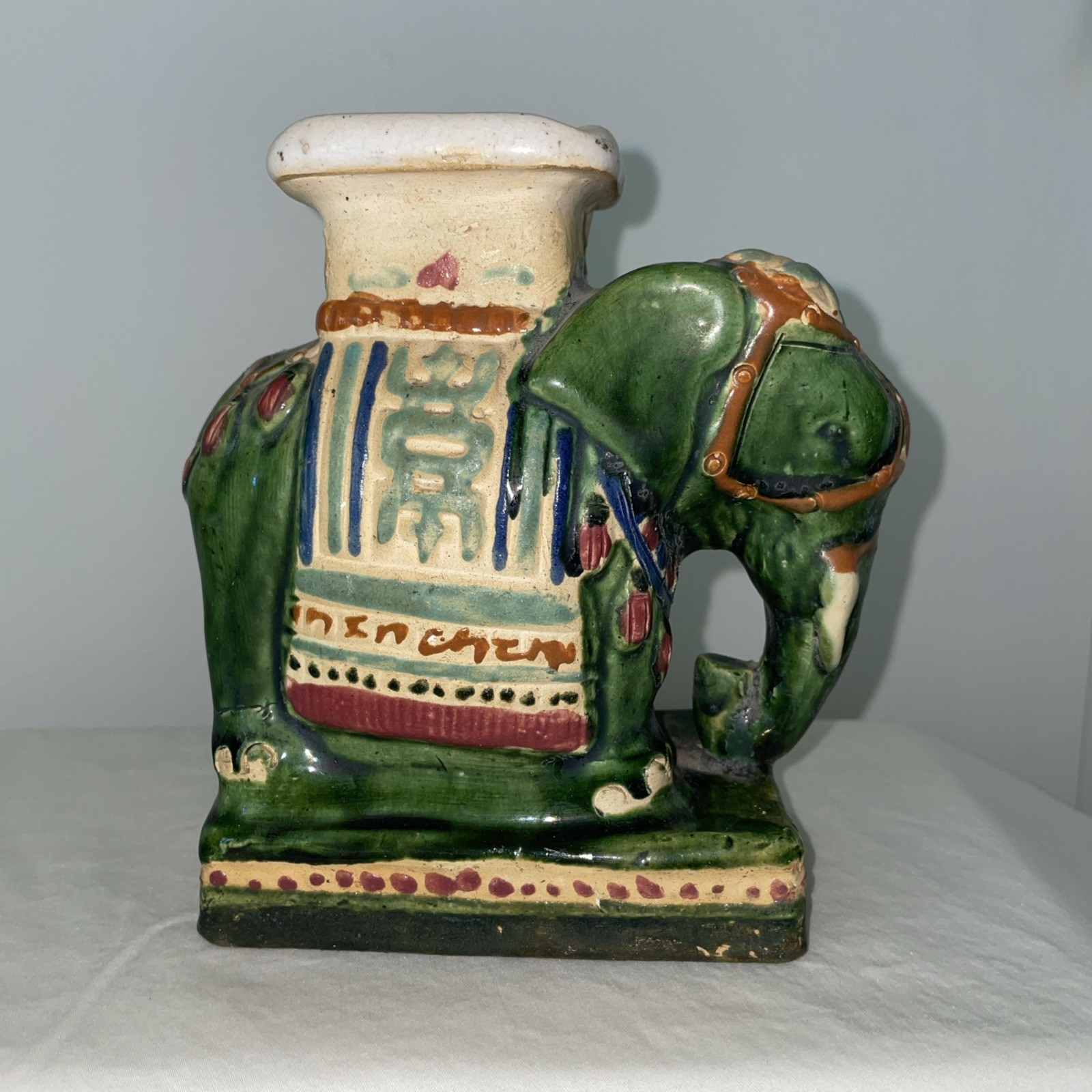 VTG Pr of Ceramic Hand Painted Majolica Asian Elephant Statue
