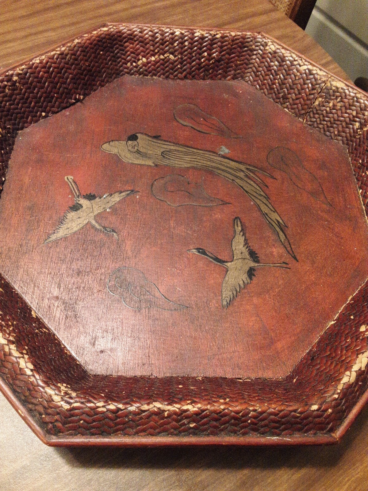 Vtg Chinese Tray/Trivet Octagonal Wicker and Wood Birds and Spirit
