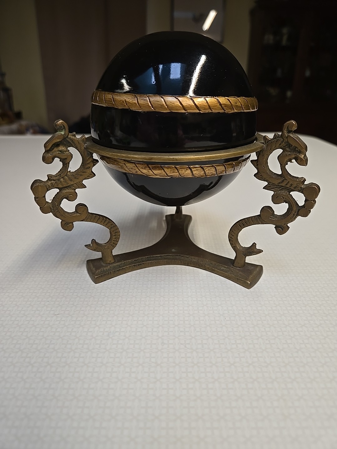 Vintage Brass 3 Dragon Sphere Stand With Hand Painted Black Wooden Ball RARE