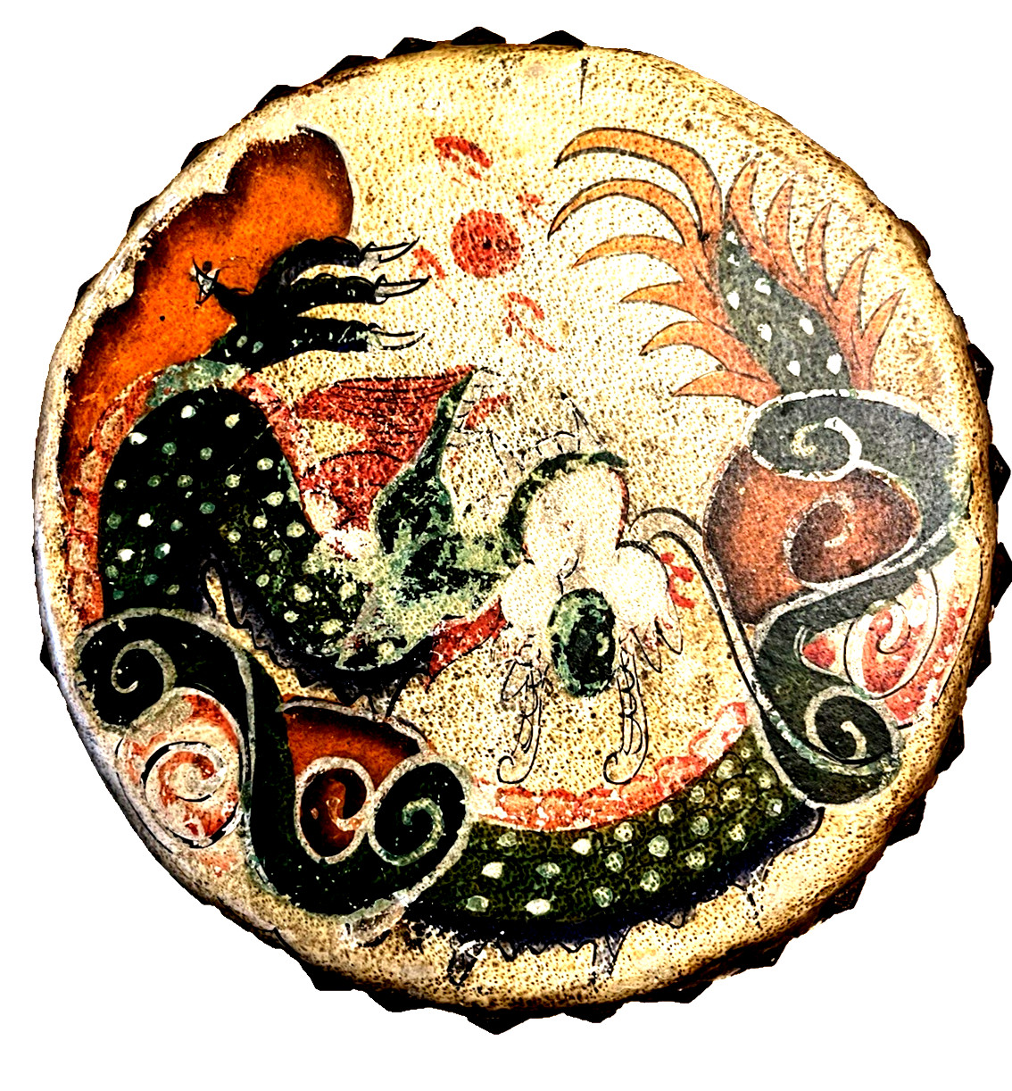 Asian Drum Hand Painted Dragon Double Sided Leather Head. 11.5” Vintage