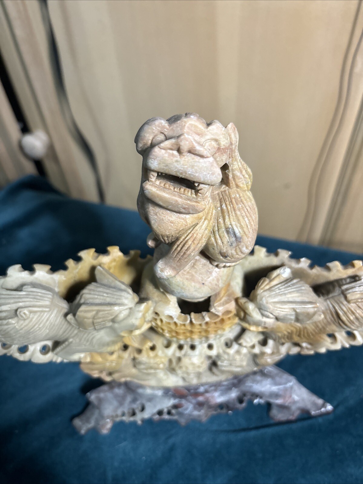 Antique Chinese Hand Carved Soapstone Incense Burner Foo Dogs/Lions Vintage (bf)