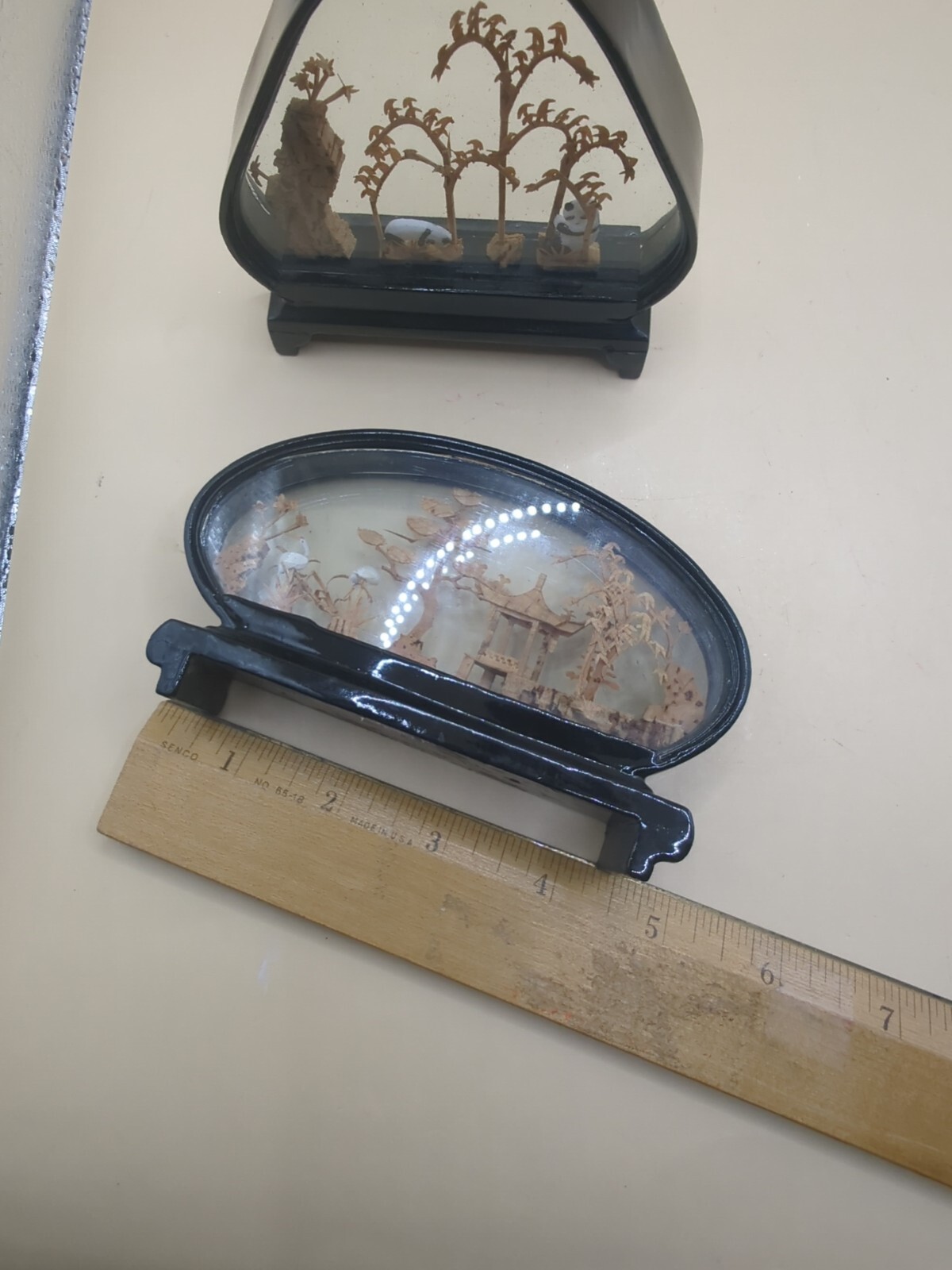 Vintage 2 Hand Carved Cork Diorama of Storks And Pandas in Black Lacquer Frames