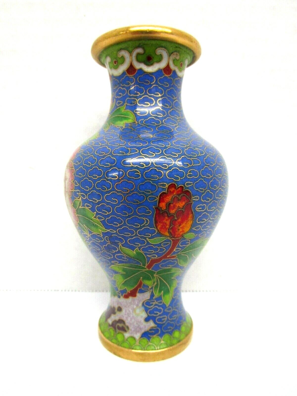Small Vintage Cloisonne Asian Vase Blue with Floral Pattern Brass Accents 5 inch