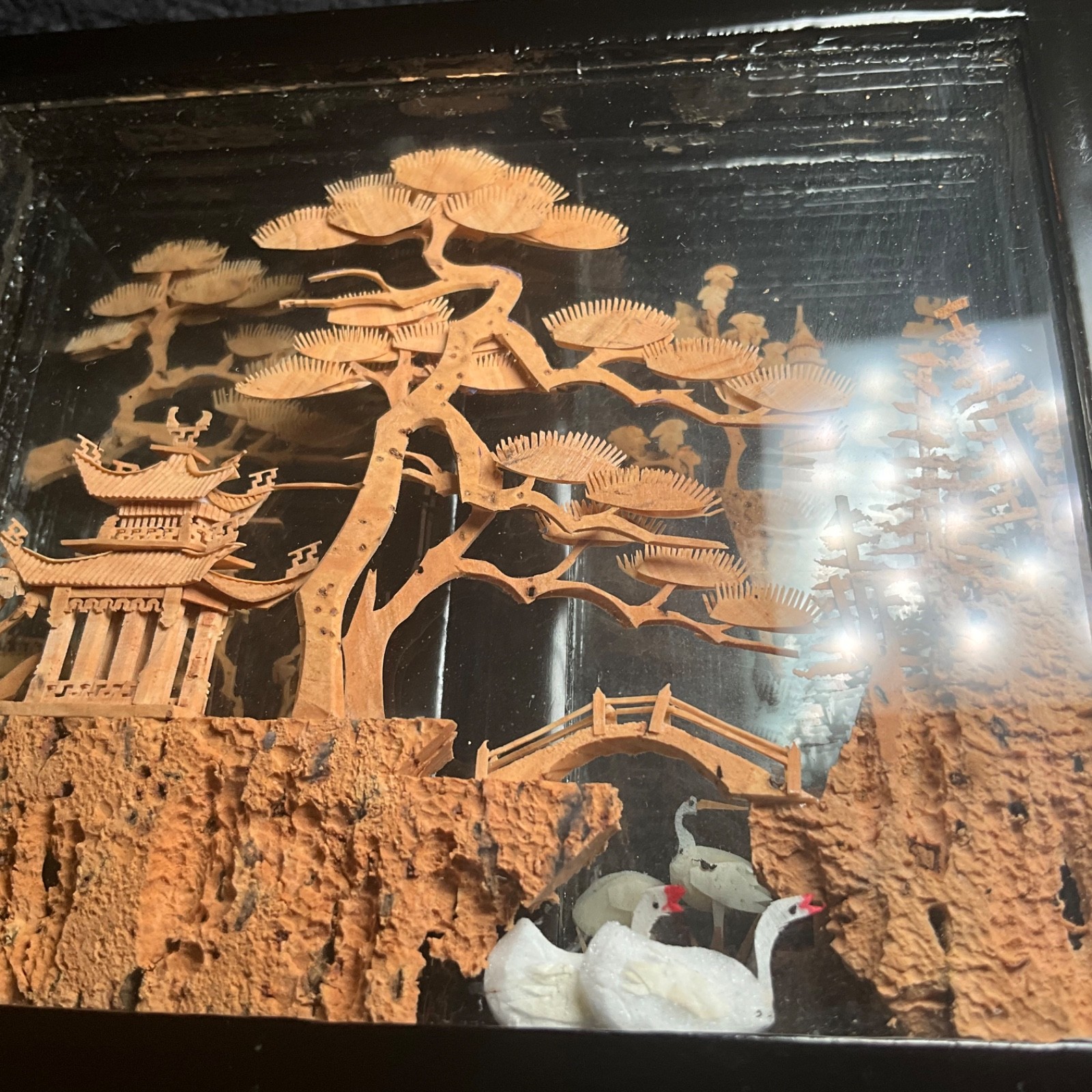 2x-VTG SAN YOU Tri-Fold Oriental Hand Carved Cork Pagoda Diorama w Cranes