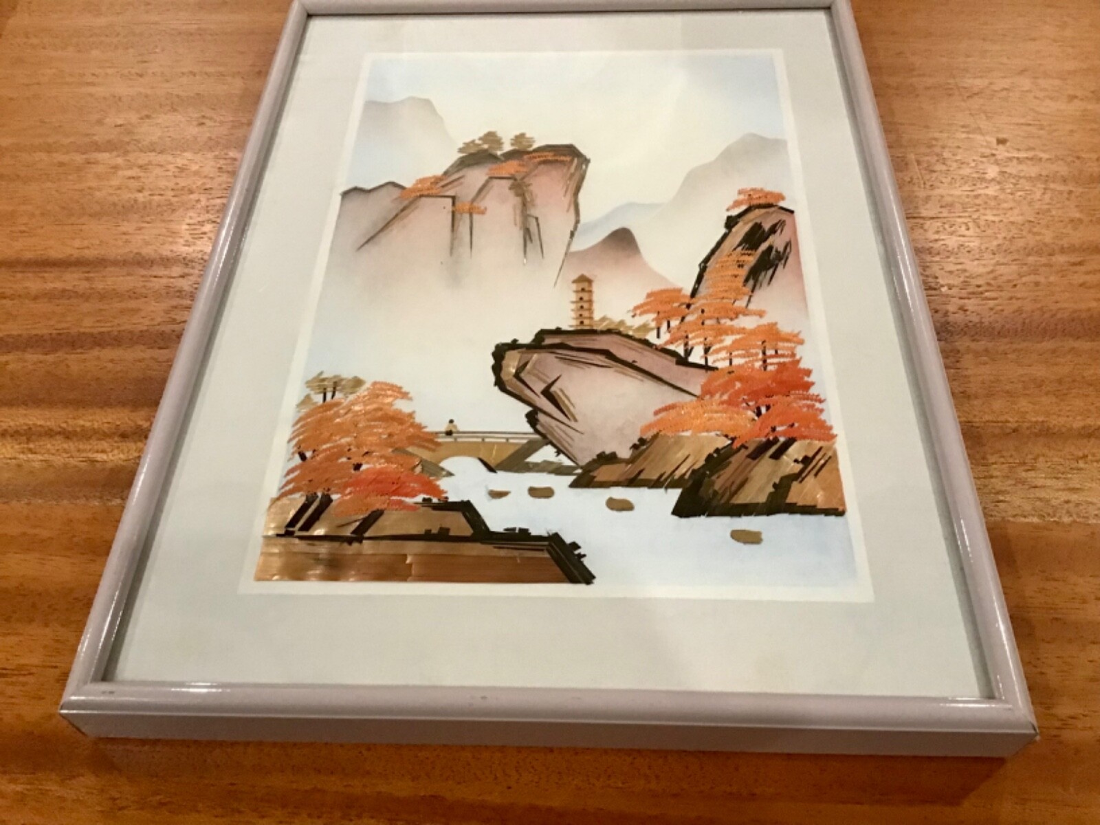 VTG ASIAN CLOTH PAINTED WOOD PICTURE MOUNTAINS WALL ART FRAMED- 1 OF 2 AVAILABLE