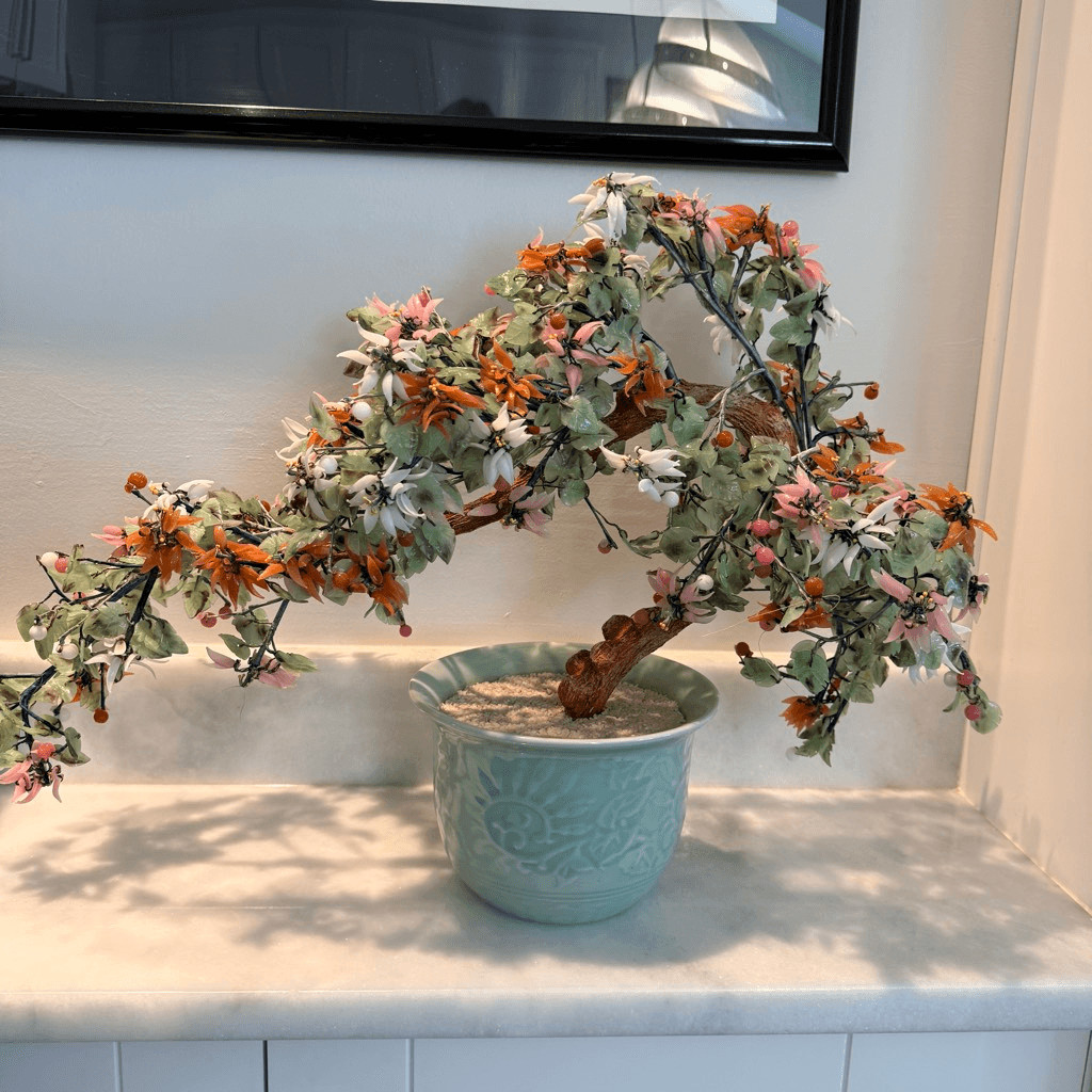 Antique Multicolored Jade Quartz Stone Chinese Glass Bonsai Tree in Celadon Pot